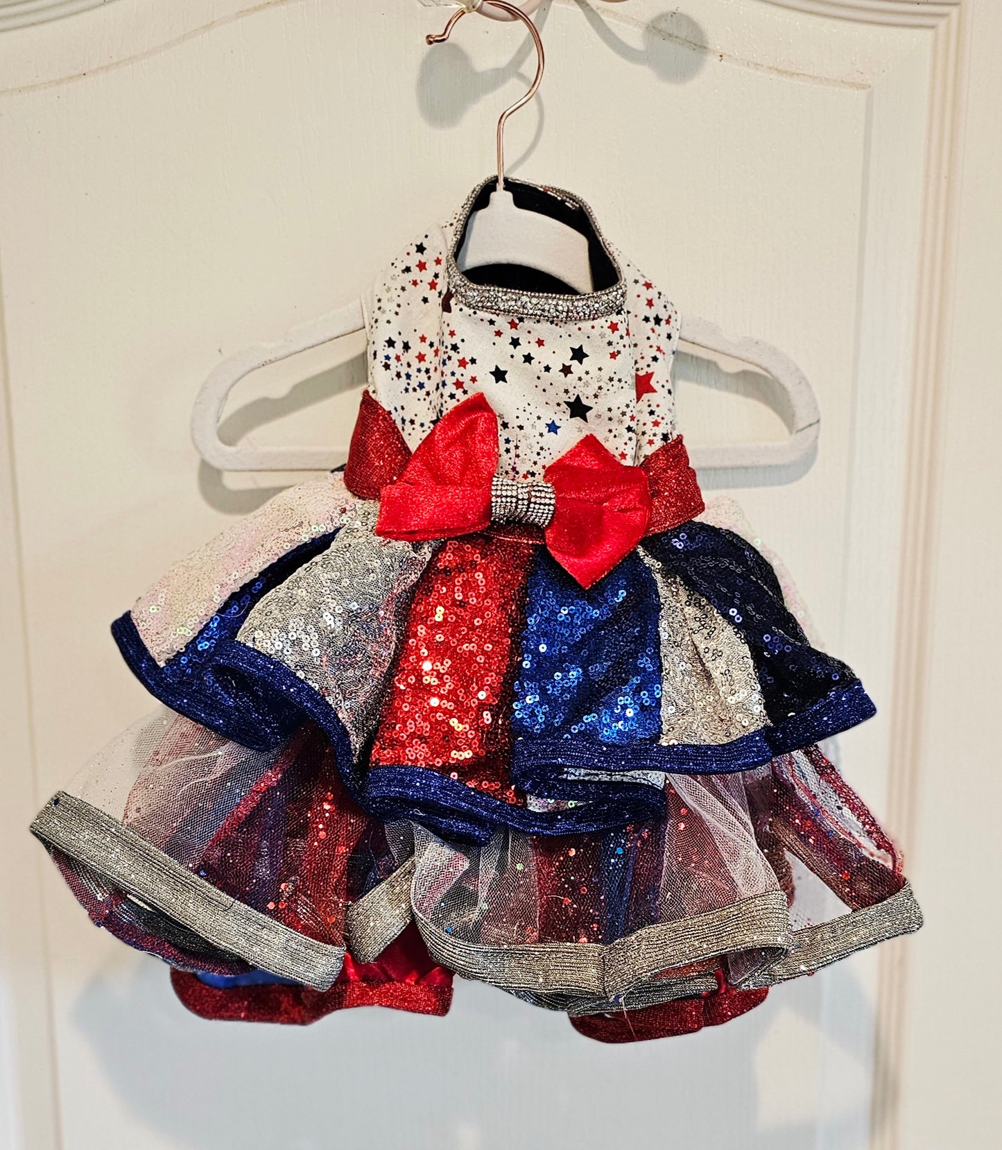 July 4th sequin pet costume, 4th of July pet dress, sequin patriotic pet dress, 4th of july dog dress, 4th of july dog costume, July 4th pet dress