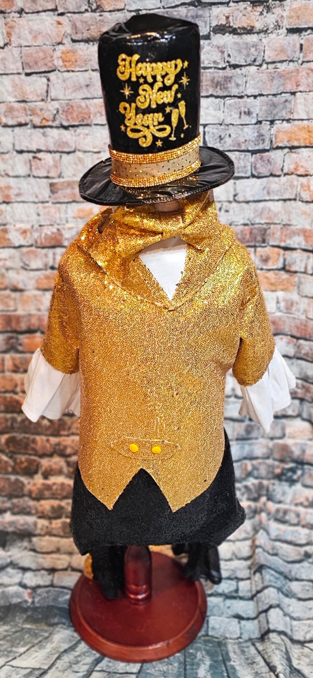 New Years Eve pet costume, gold pet tux, gold dog tux and hat costume