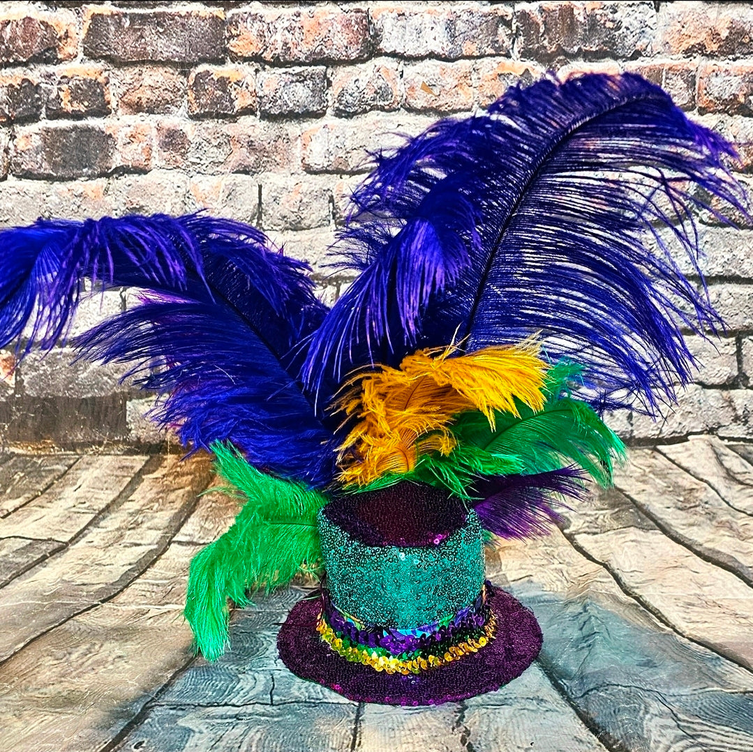 Mardi Gras Sequin feather pet hat, Fat Tuesday sequin pet hat, Feather Pet top hat