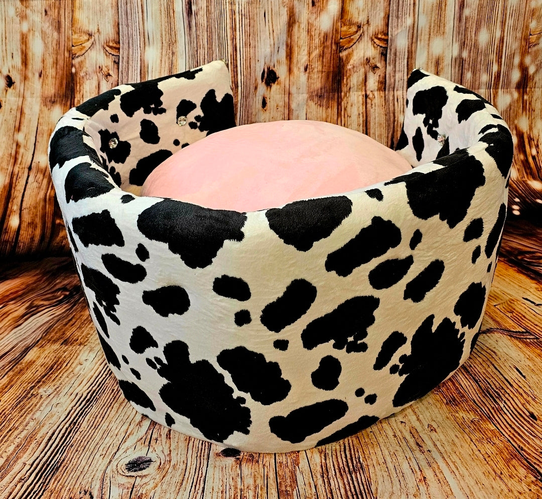Cow print pet bed, luxury cow pet bed, round cow pet bed