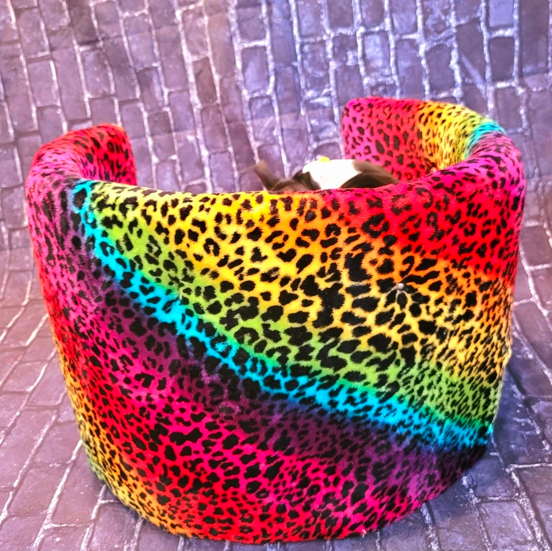 Rainbow Leopard round pet bed, High back round dog bed, luxury leopard pet bed