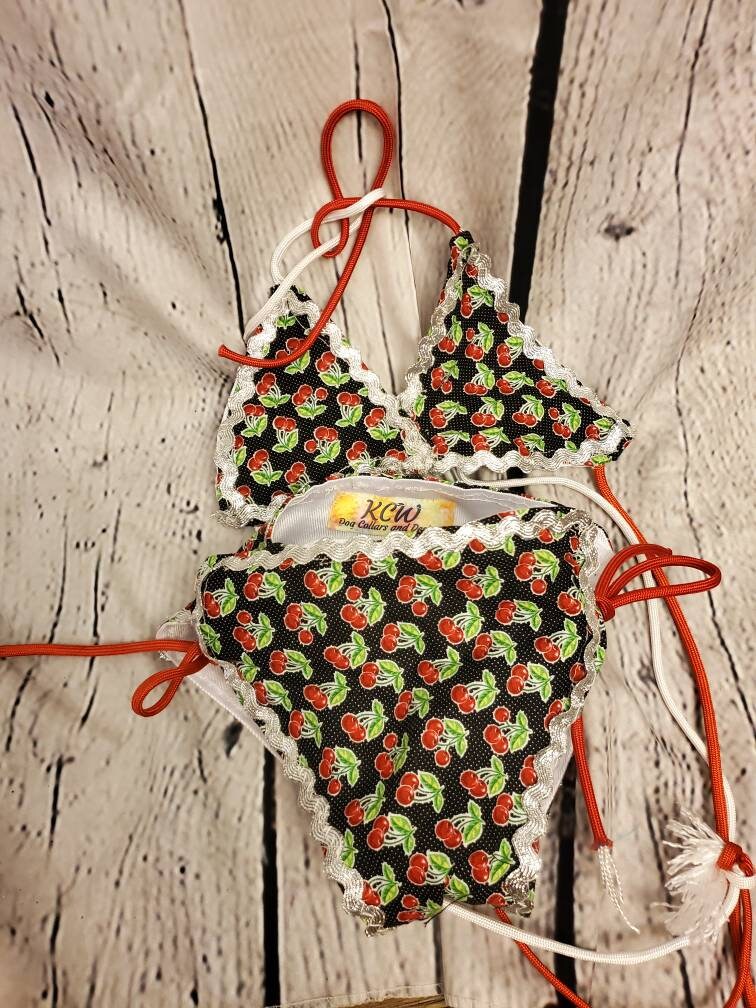 Pet Bathing Suit, Pet string bikini, dog bathing suit, pet bikini, dog bikini, cat bikini, cherry pet bikini, triangle pet bikini, polka dot