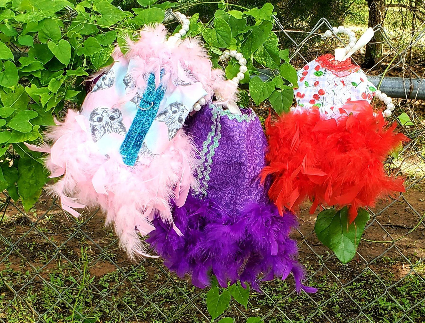 Feather Pet dress, fun pet dress, feather cat dress, cherry cat dress, feather dog dress, cherry dog dress, cherry pet dress, purple feather