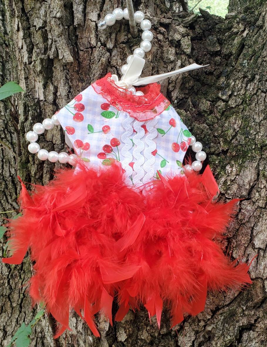 Feather Pet dress, fun pet dress, feather cat dress, cherry cat dress, feather dog dress, cherry dog dress, cherry pet dress, purple feather