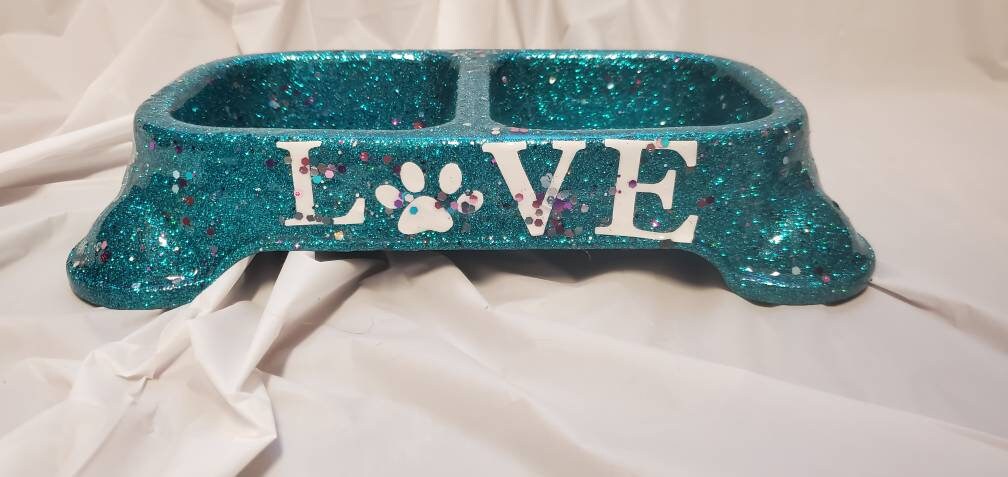 Glitter dual dog food bowl, dual pet bowl, Personalize glitter dual food bowl, cat glitter bowl, dog glitter food bowl, pink food bowl, teal