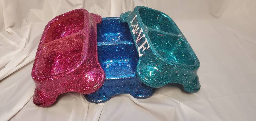Glitter dual dog food bowl, dual pet bowl, Personalize glitter dual food bowl, cat glitter bowl, dog glitter food bowl, pink food bowl, teal