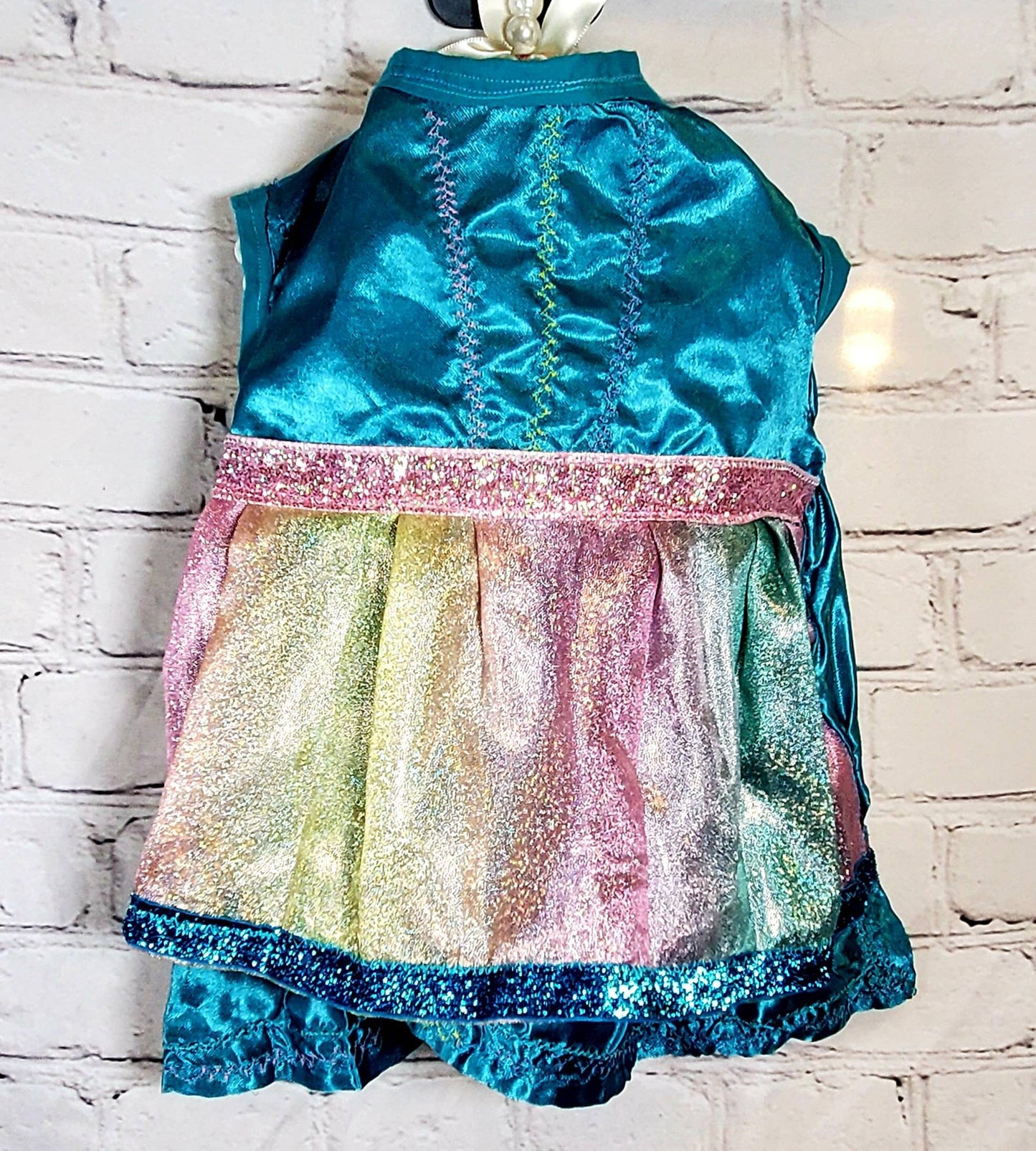 Teal satin rainbow pet dress, aqua rainbow dog dress, Irradescent rainbow dress, glitter Pet dress, Cat dress, Dog dress, special occasion