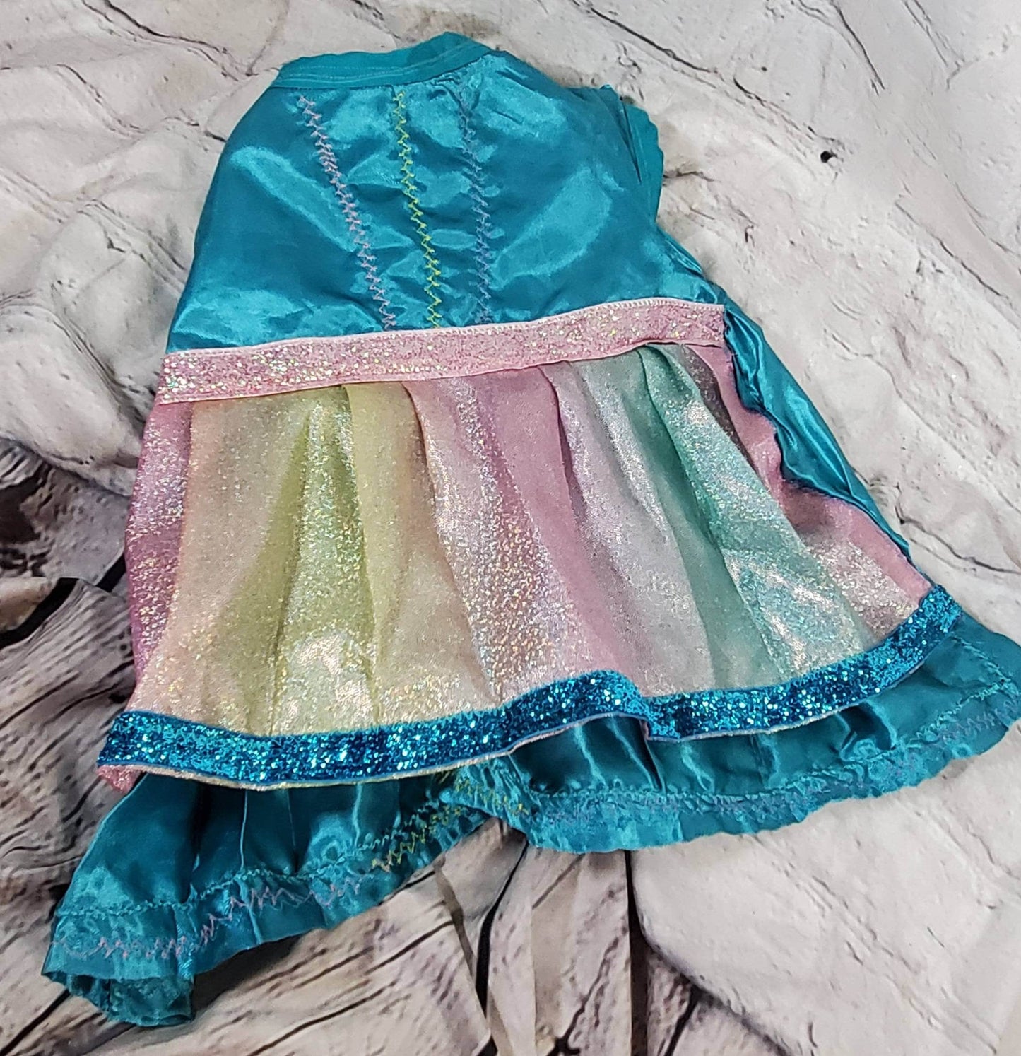 Teal satin rainbow pet dress, aqua rainbow dog dress, Irradescent rainbow dress, glitter Pet dress, Cat dress, Dog dress, special occasion