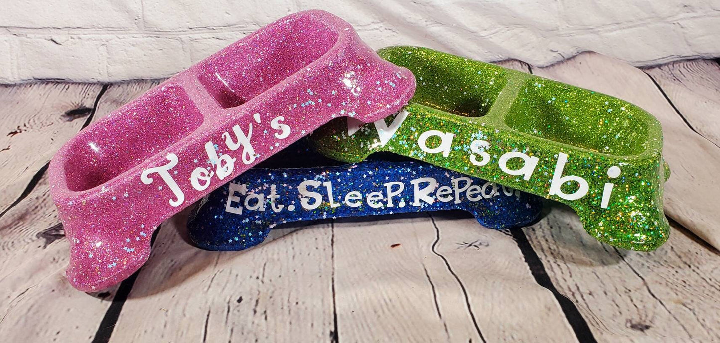 Glitter dual dog food bowl, dual pet bowl, Personalize glitter dual food bowl, cat glitter bowl, dog glitter food bowl, pink food bowl, teal