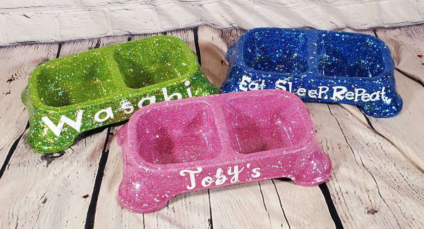 Glitter dual dog food bowl, dual pet bowl, Personalize glitter dual food bowl, cat glitter bowl, dog glitter food bowl, pink food bowl, teal