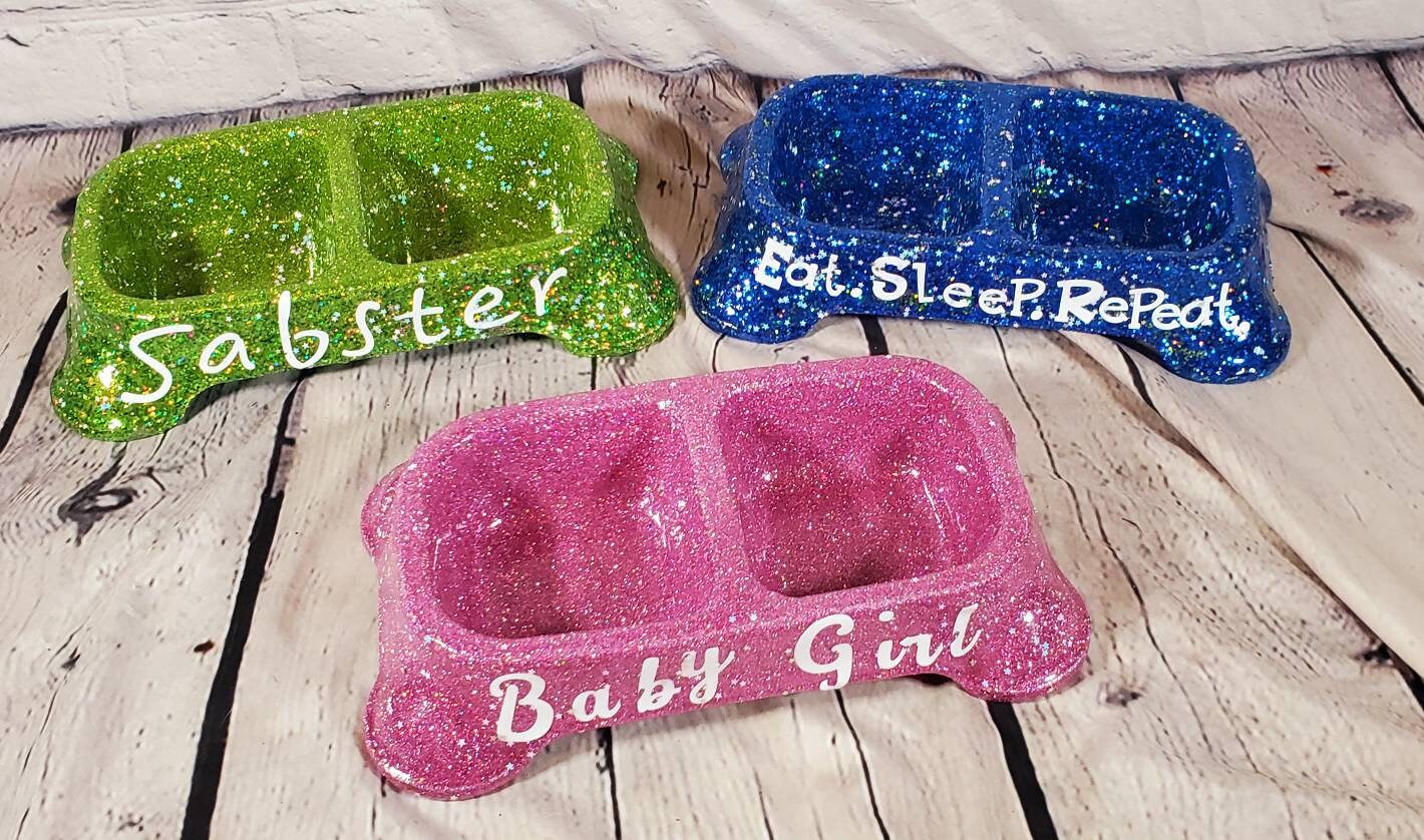 Glitter dual dog food bowl, dual pet bowl, Personalize glitter dual food bowl, cat glitter bowl, dog glitter food bowl, pink food bowl, teal