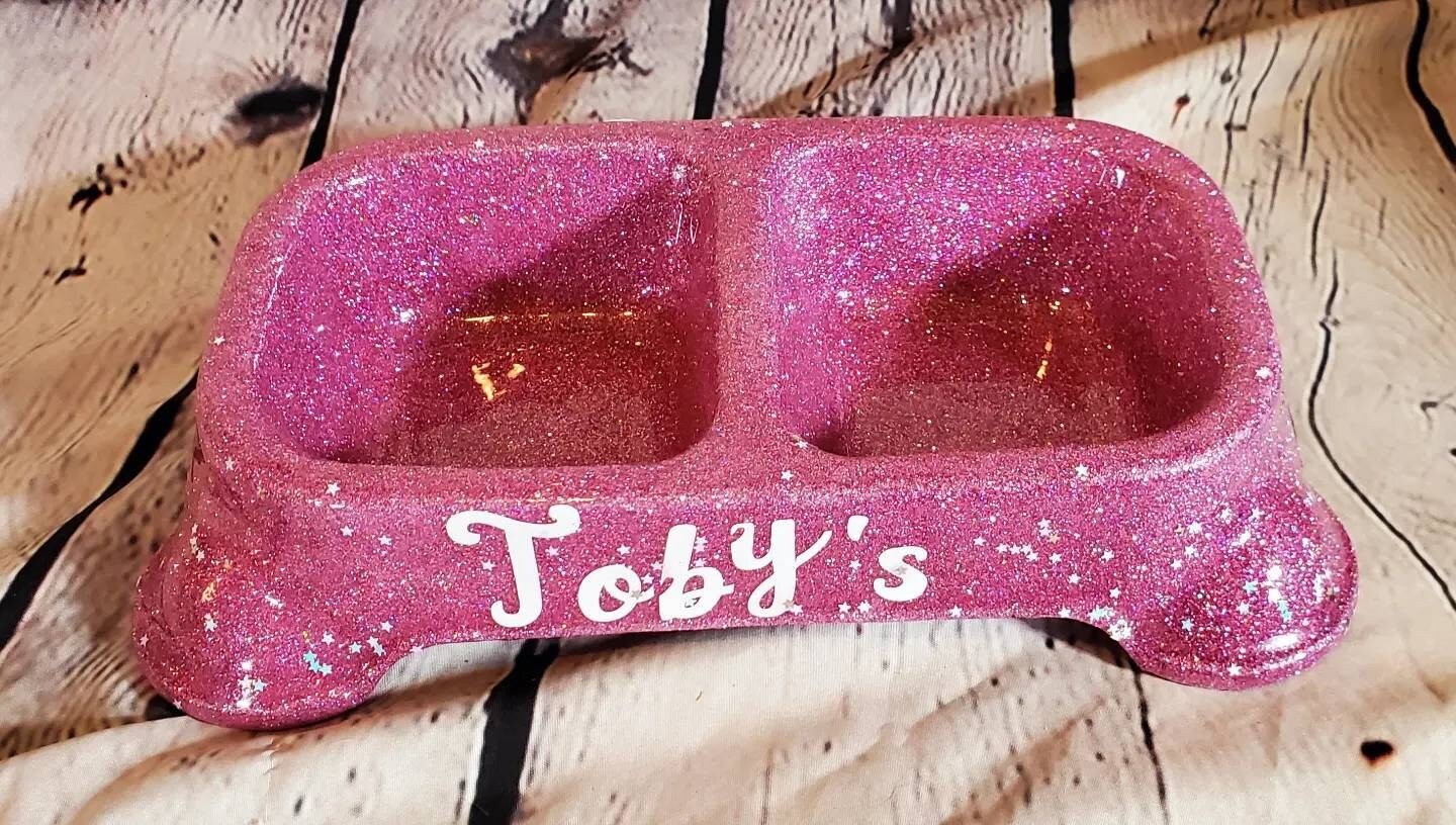 Glitter dual dog food bowl, dual pet bowl, Personalize glitter dual food bowl, cat glitter bowl, dog glitter food bowl, pink food bowl, teal