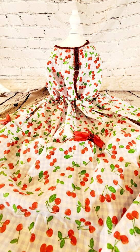 Cherry Pet Dress, Cherry dog dress, cherry cat dress, gingham print pet dress, lingerie pet dress with bows, dresses for pets, summer pet