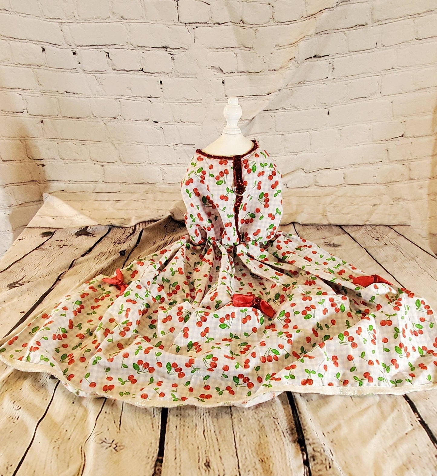 Cherry Pet Dress, Cherry dog dress, cherry cat dress, gingham print pet dress, lingerie pet dress with bows, dresses for pets, summer pet