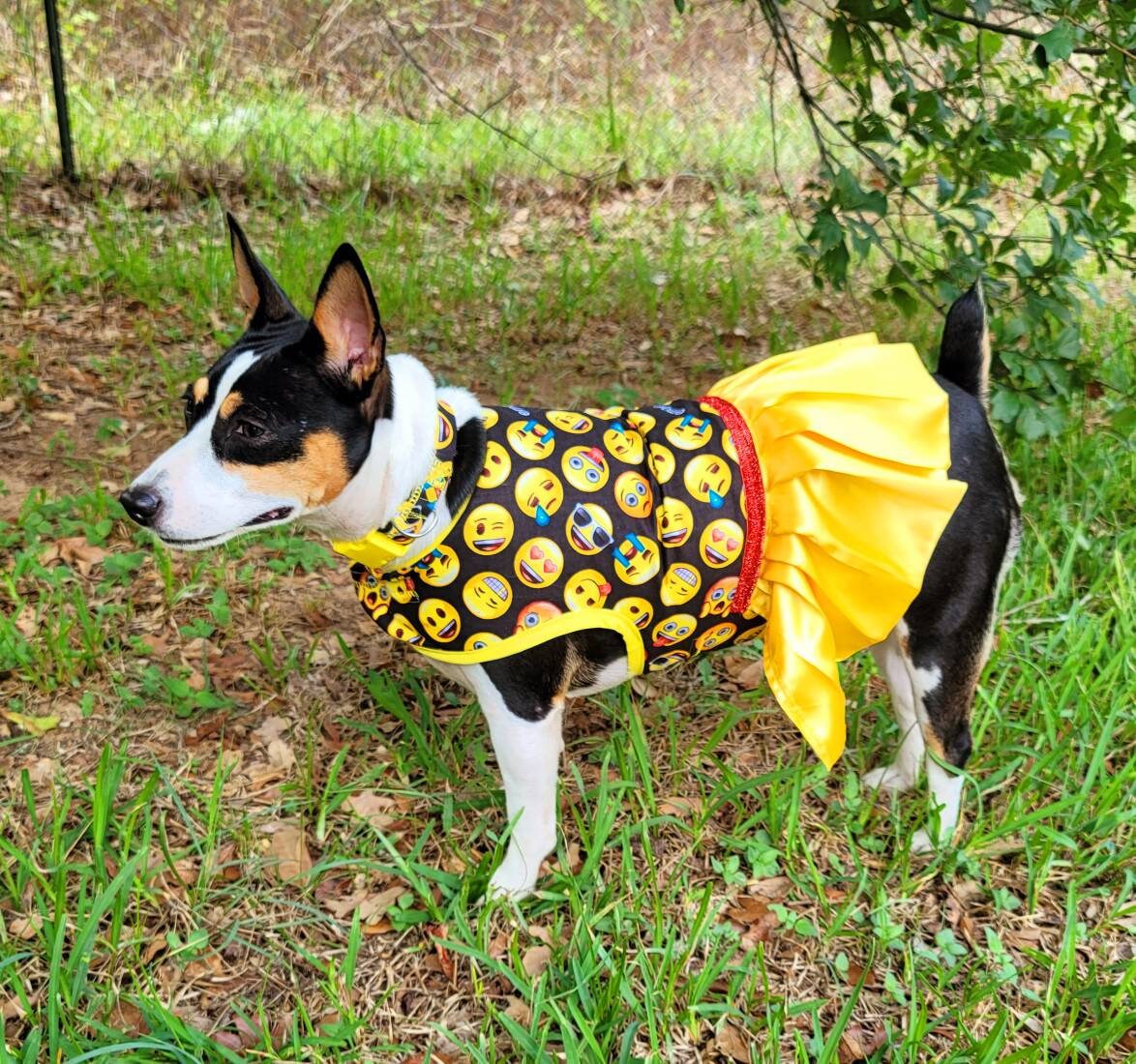 Emoji pet dress, Emoji pet harness, emoji dog dress, emoji dog harness, emoji cat harness, Smiley face pet dress, yellow pet dress