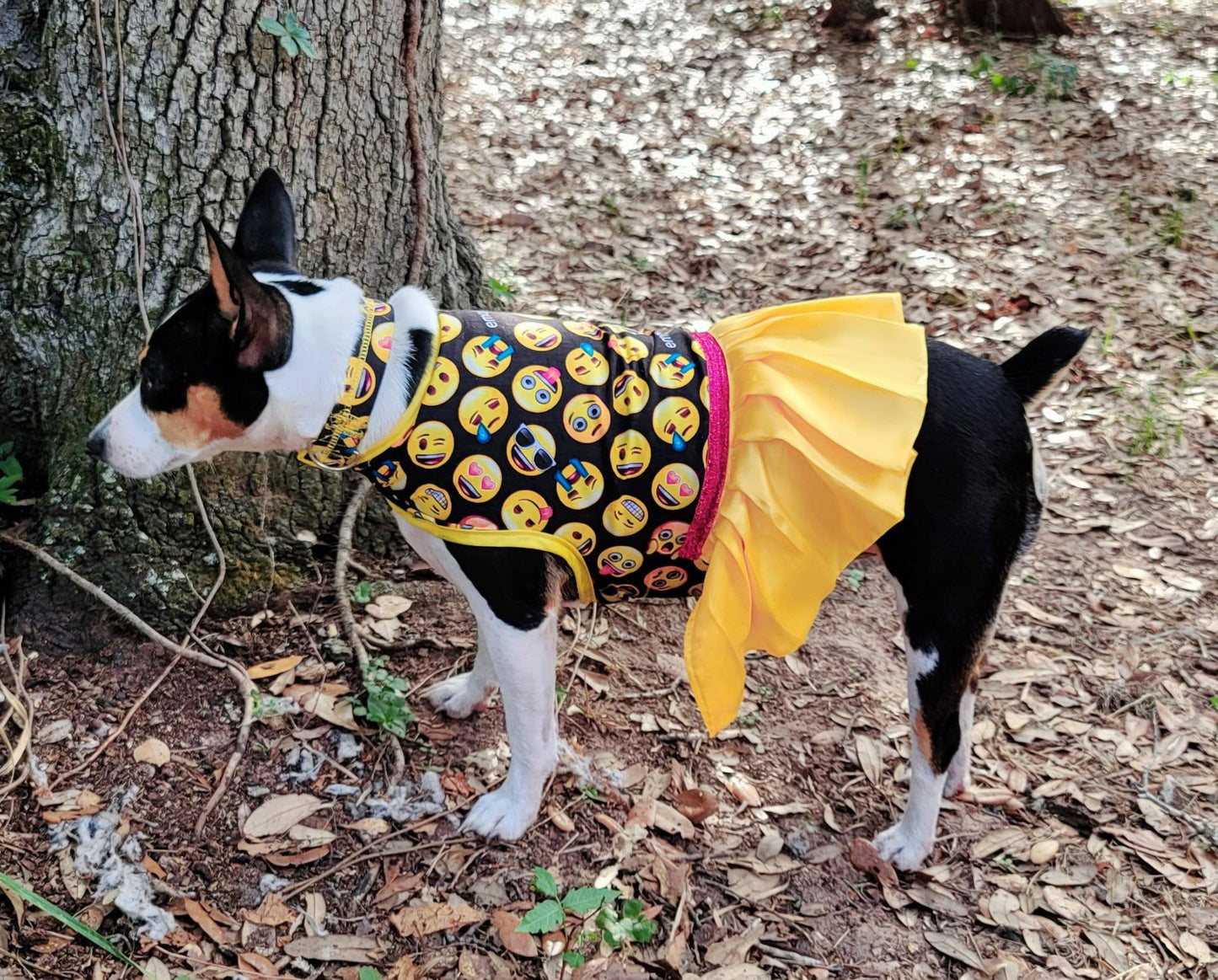 Emoji pet dress, Emoji pet harness, emoji dog dress, emoji dog harness, emoji cat harness, Smiley face pet dress, yellow pet dress