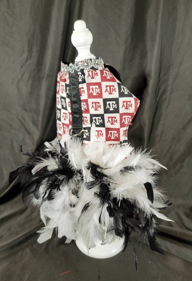 Texas Aggies feather Pet dog dress, A&M feather pet dog dresses, Aggie dress, Aggie Pet dresses, feather pet dresses, dog dress, Aggie pet harness