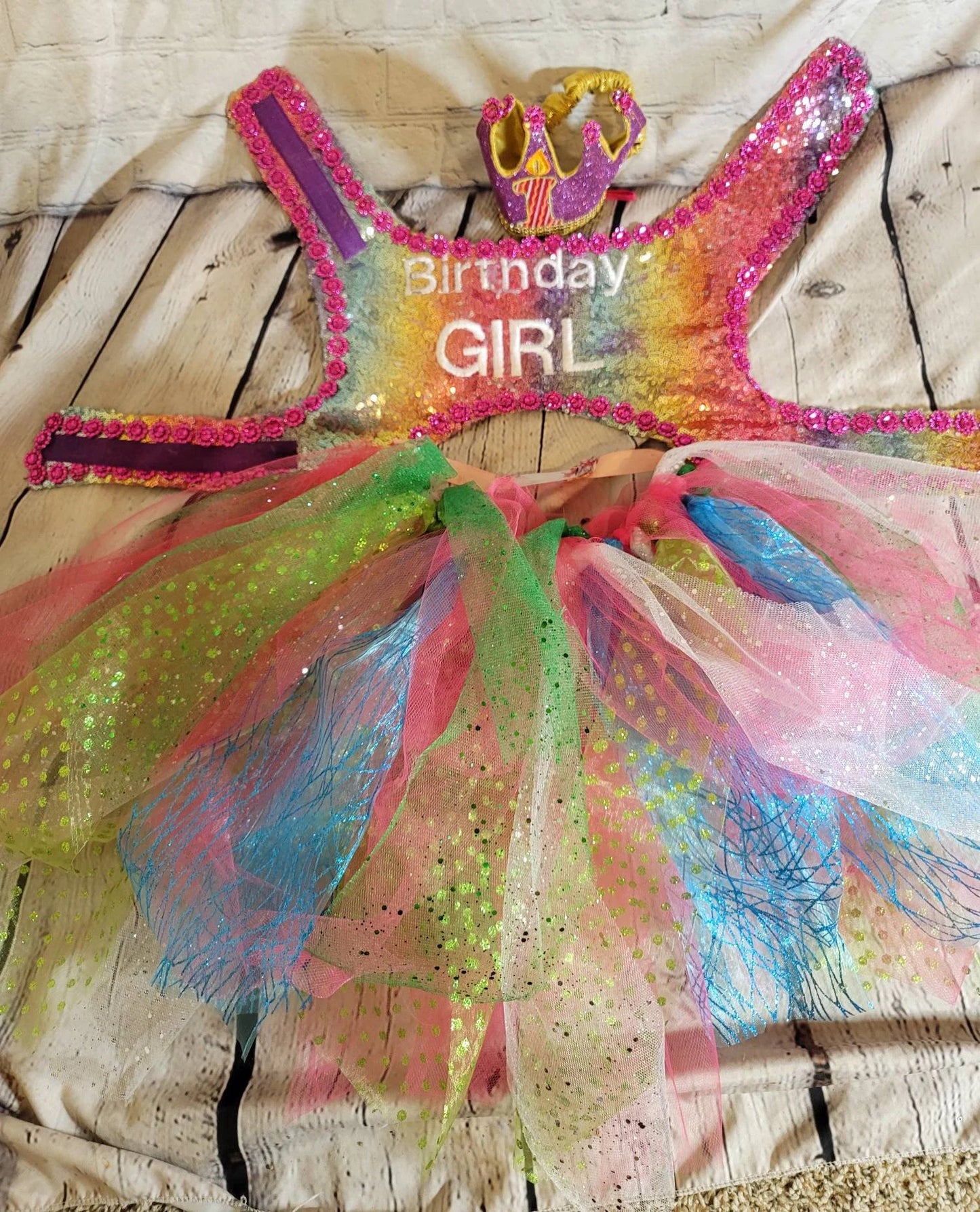 rainbow sequin Birthday Girl pet dress, birthday girl dog dress set, pet birthday crown and dress, Tutu birthday pet dress, sequin birthday dog outfit