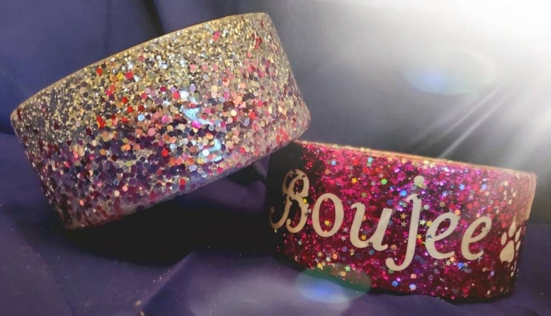 Glitter personalize pet bowl, glitter epoxy resin pet bowl, glitter dog bowl, glitter cat bowl, glitter pet bowl, personalize water bowl