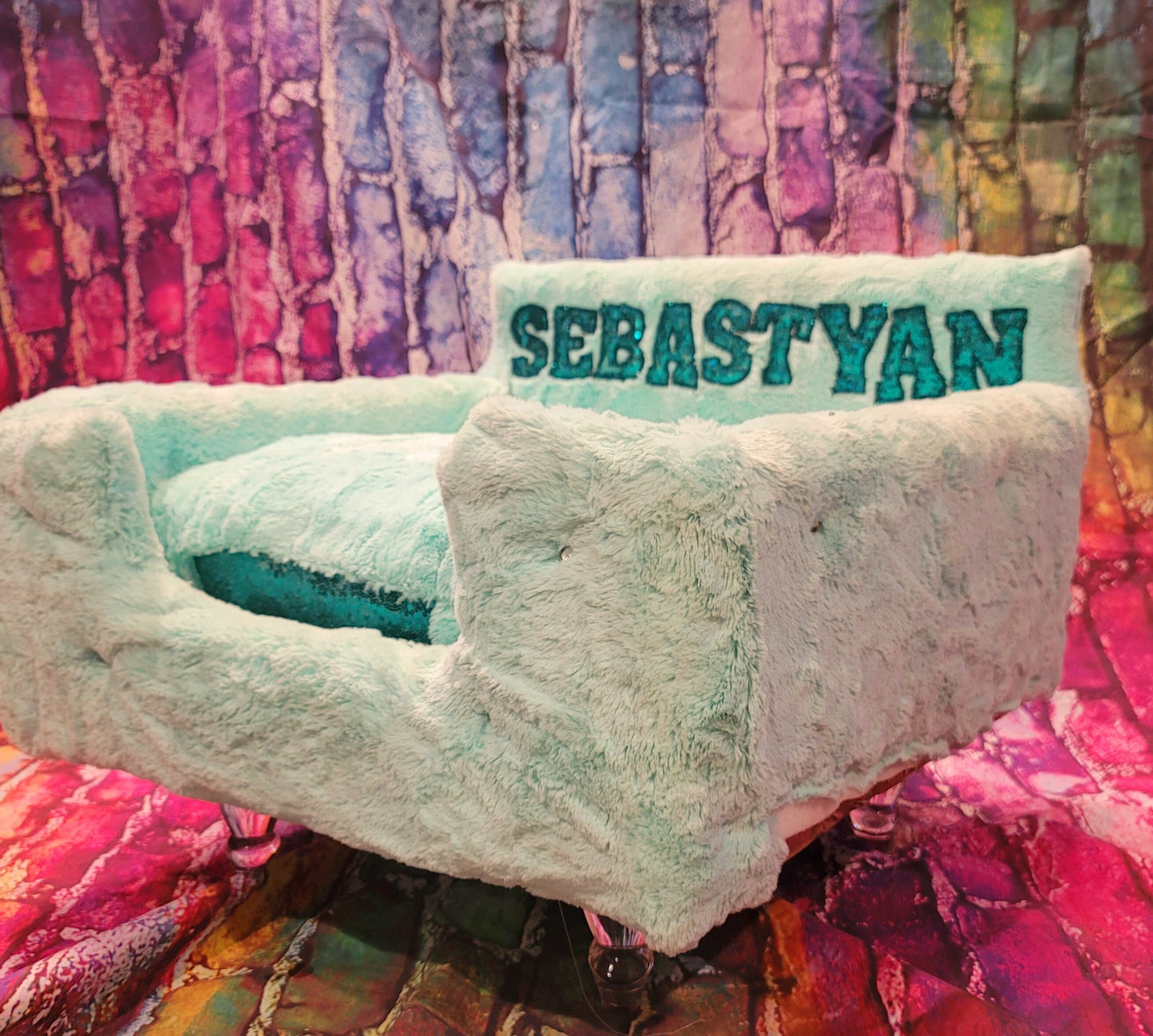Luxury pet bed, personalized sequin pet bed, personalized pet furniture, acrylic pet bed, pet bed with legs, dog luxury bed
