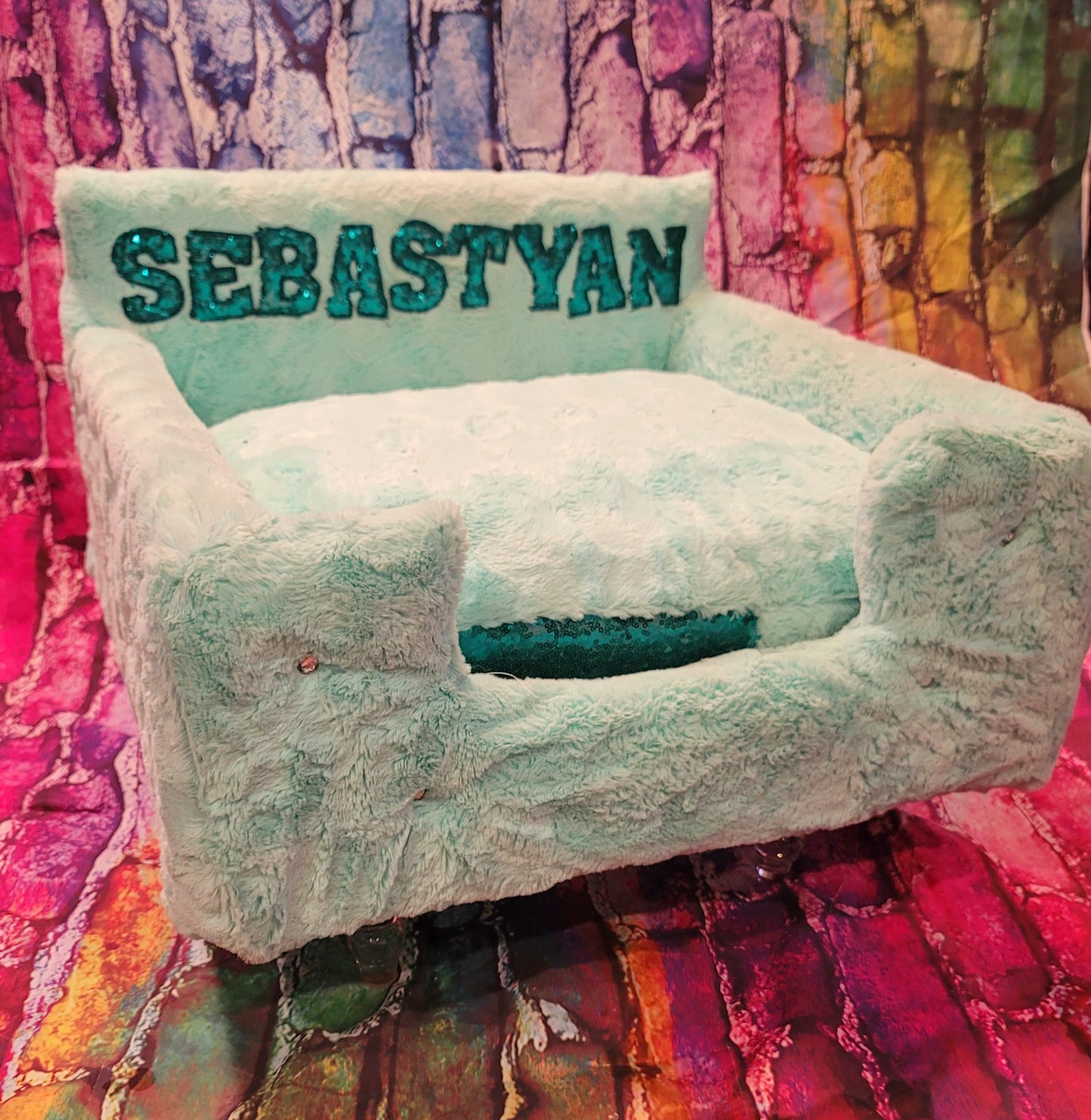 Luxury pet bed, personalized sequin pet bed, personalized pet furniture, acrylic pet bed, pet bed with legs, dog luxury bed