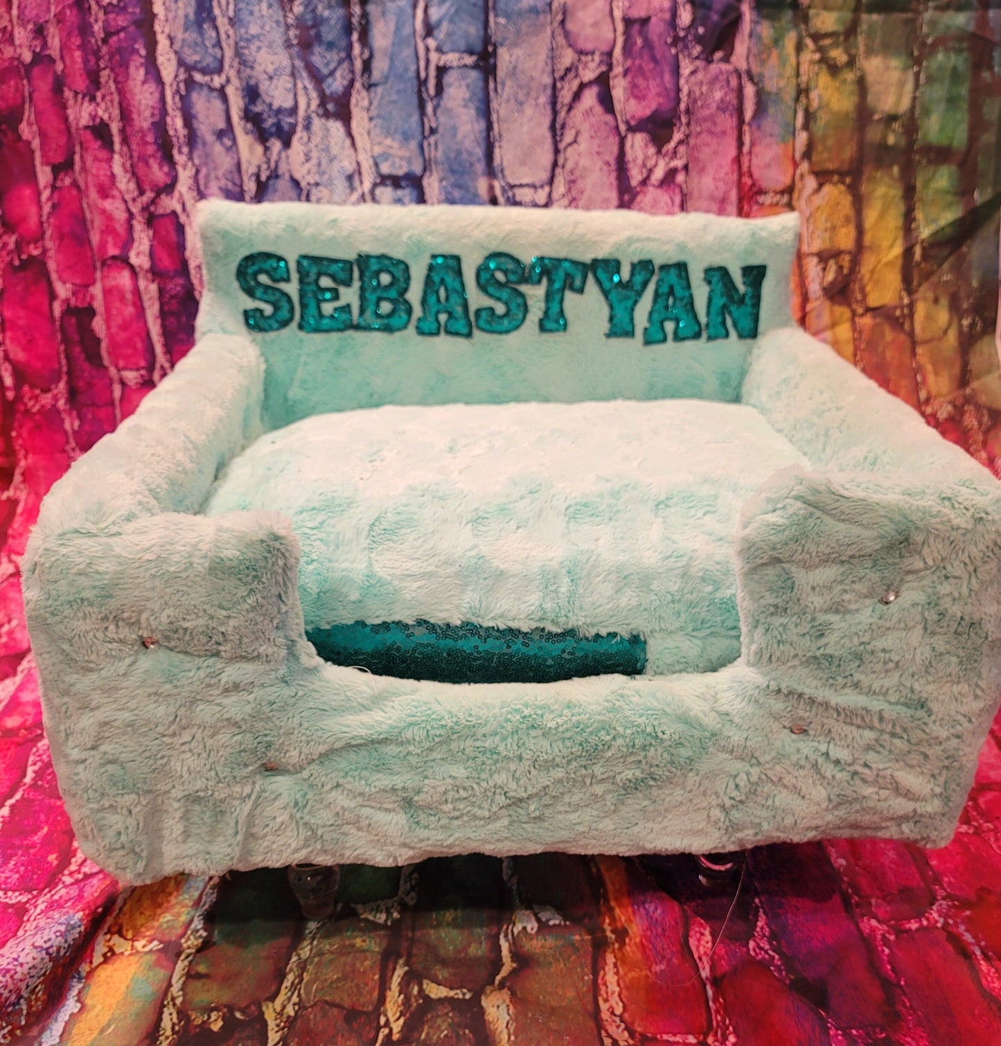 Luxury pet bed, personalized sequin pet bed, personalized pet furniture, acrylic pet bed, pet bed with legs, dog luxury bed