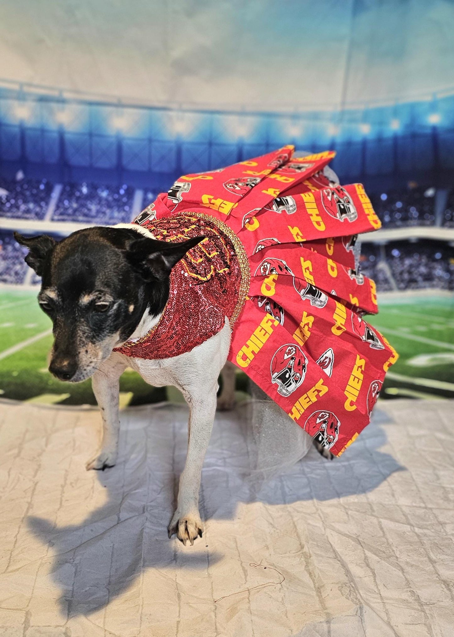 Kansas City Chiefs pet dress, karma is the guy on the chiefs pet dress, chiefs sequin pet dress, chiefs dog dress, 87 kelce pet dress