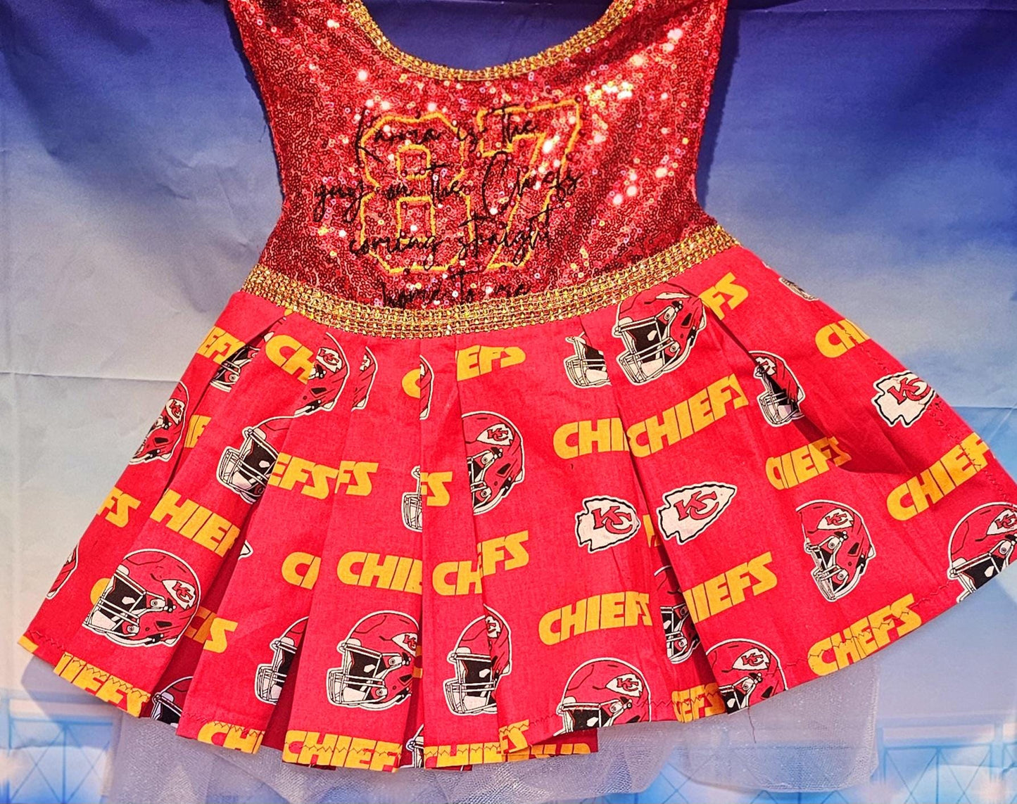 Kansas City Chiefs pet dress, karma is the guy on the chiefs pet dress, chiefs sequin pet dress, chiefs dog dress, 87 kelce pet dress