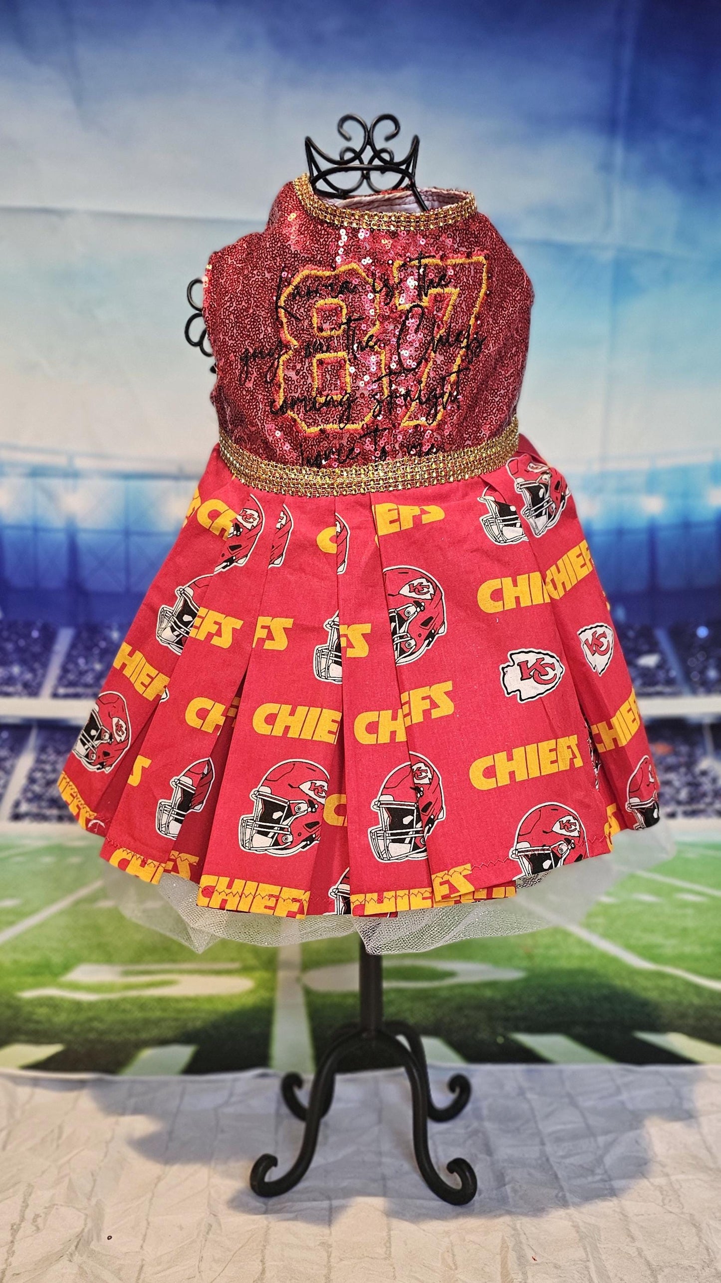 Kansas City Chiefs pet dress, karma is the guy on the chiefs pet dress, chiefs sequin pet dress, chiefs dog dress, 87 kelce pet dress