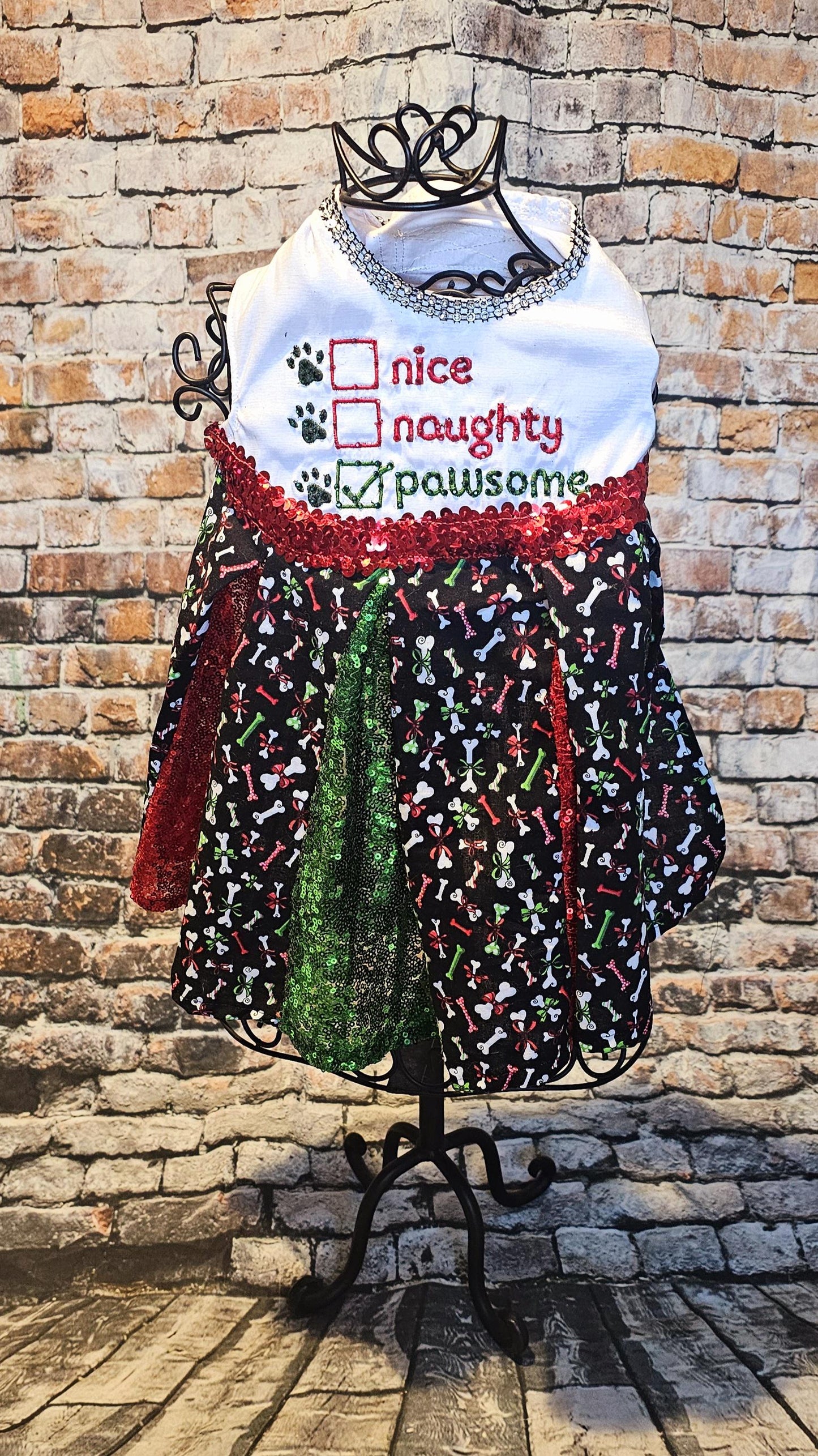Embroidered Christmas sequin pet dress, naughty or nice pet dress, holiday pet dress, Christmas dog dress, embroidered dog dress, sequin pet dress