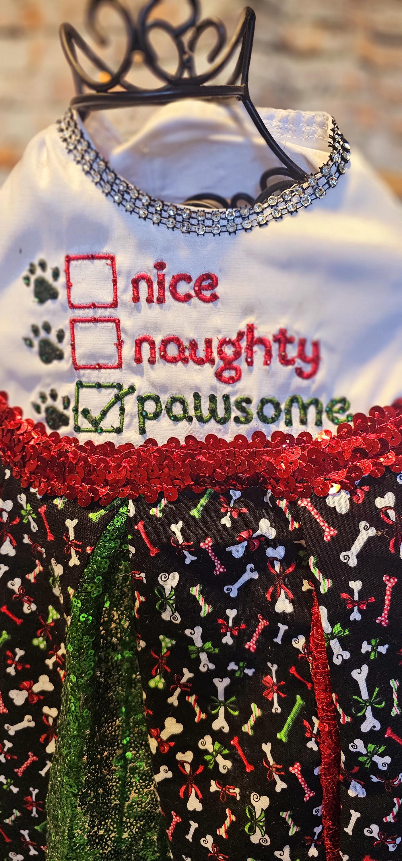 Embroidered Christmas sequin pet dress, naughty or nice pet dress, holiday pet dress, Christmas dog dress, embroidered dog dress, sequin pet dress