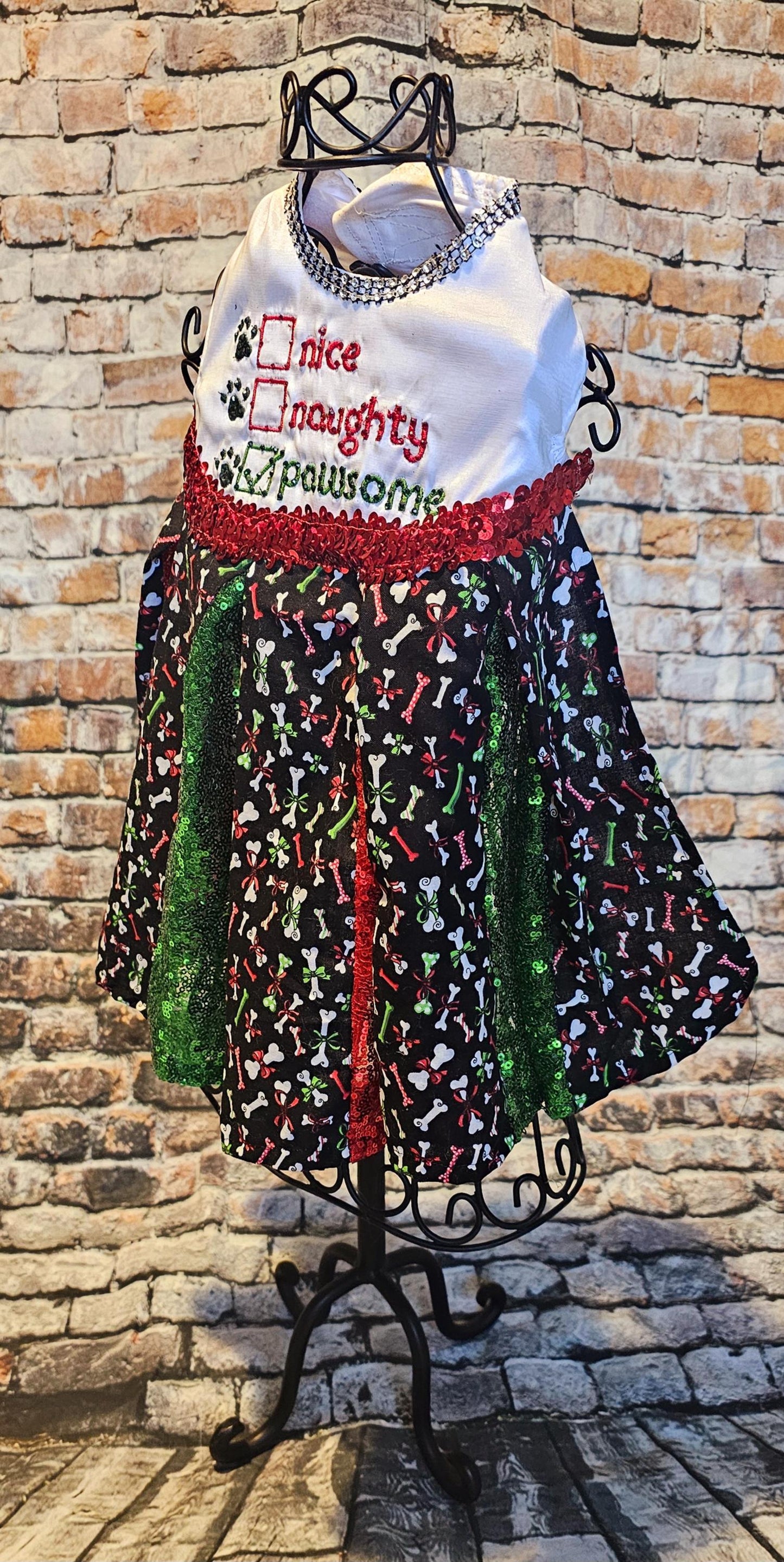 Embroidered Christmas sequin pet dress, naughty or nice pet dress, holiday pet dress, Christmas dog dress, embroidered dog dress, sequin pet dress