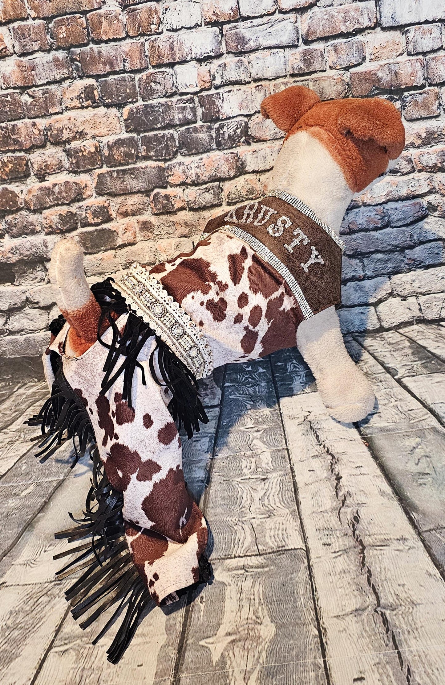 - A Western pet costume, chaps for pets, vest and chaps pet costume