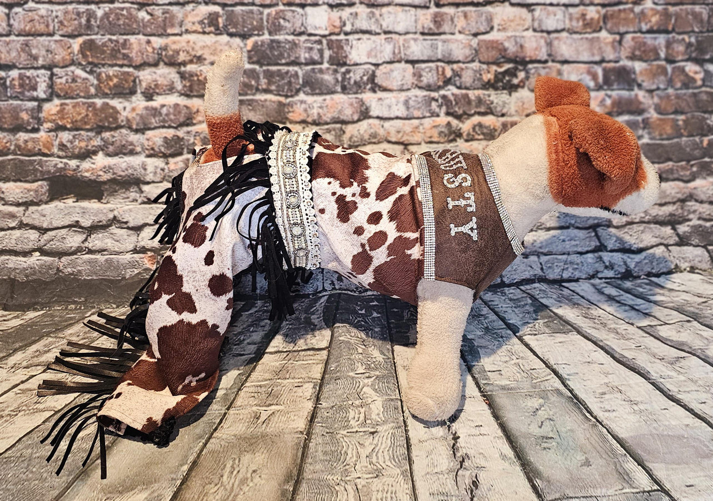 - A Western pet costume, chaps for pets, vest and chaps pet costume