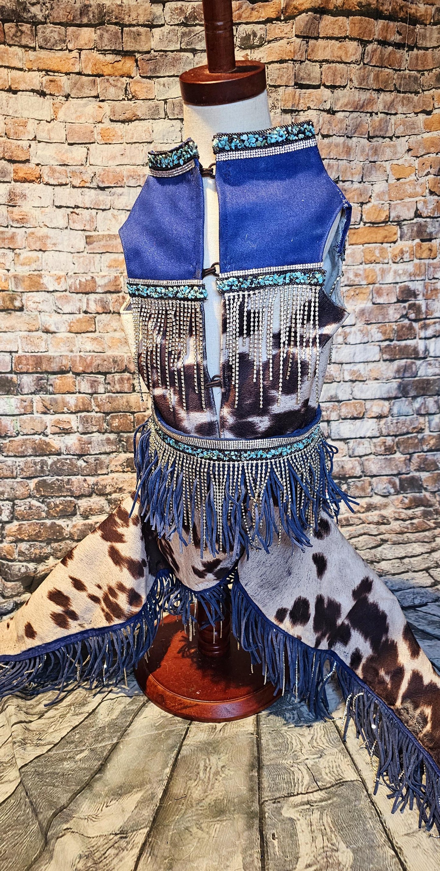 - A Western pet costume, chaps for pets, vest and chaps pet costume