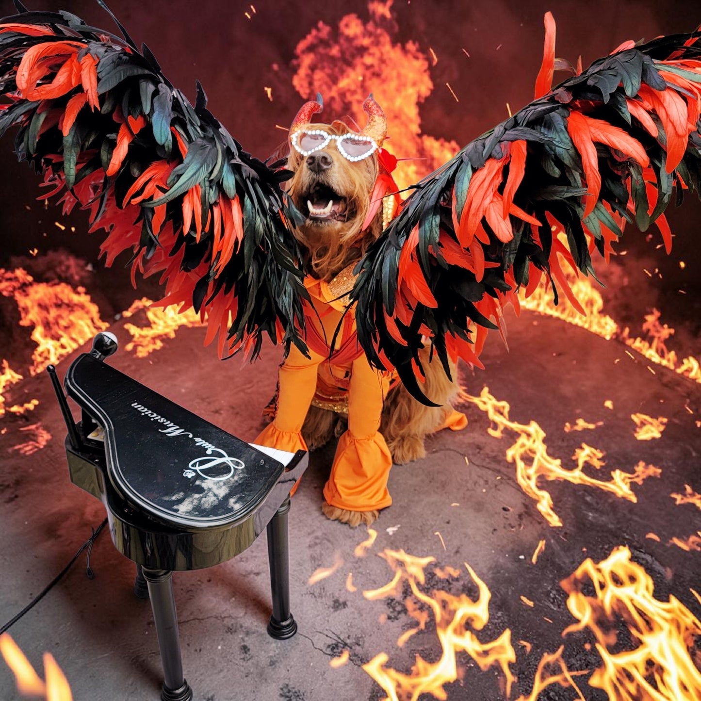 Elton John Rocketman Orange Devil Pet Costume, Elton John Rocketman bejeweled "Devil" pet dog cat costume, Orange Devil pet costume