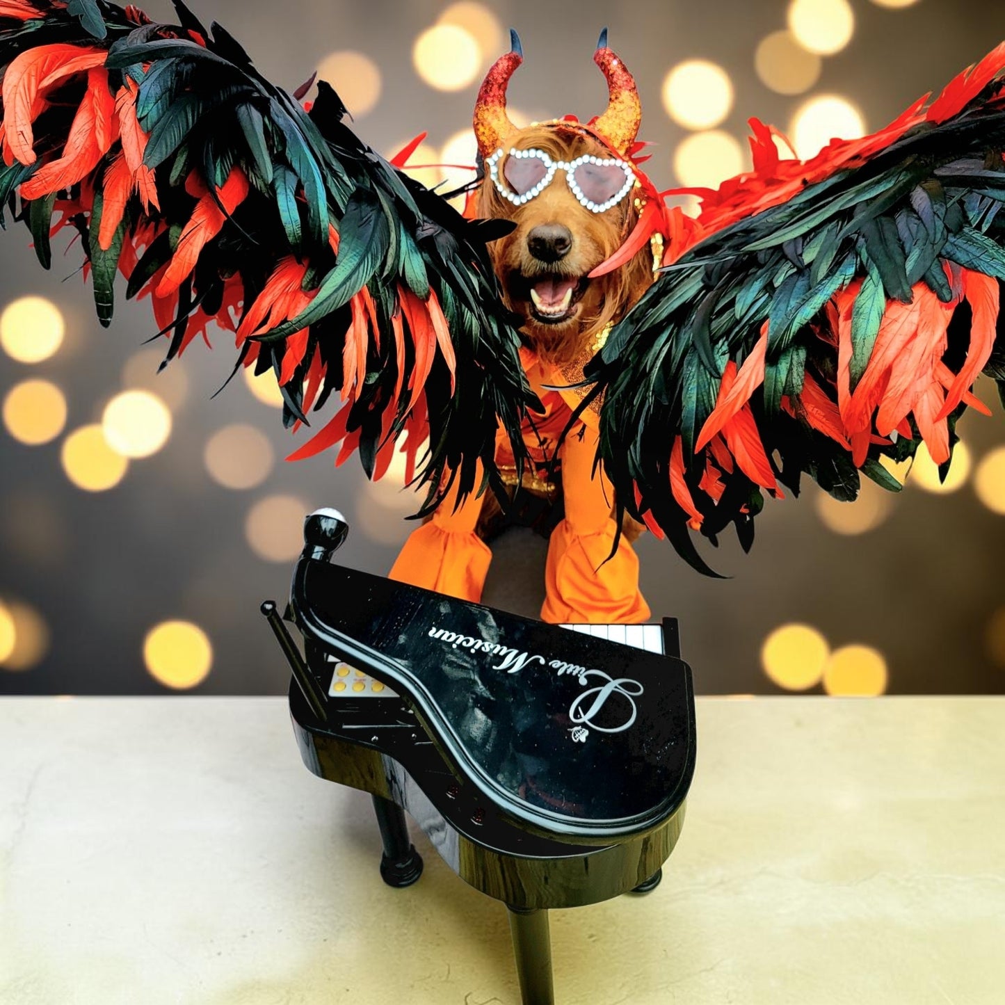 Elton John Rocketman Orange Devil Pet Costume, Elton John Rocketman bejeweled "Devil" pet dog cat costume, Orange Devil pet costume