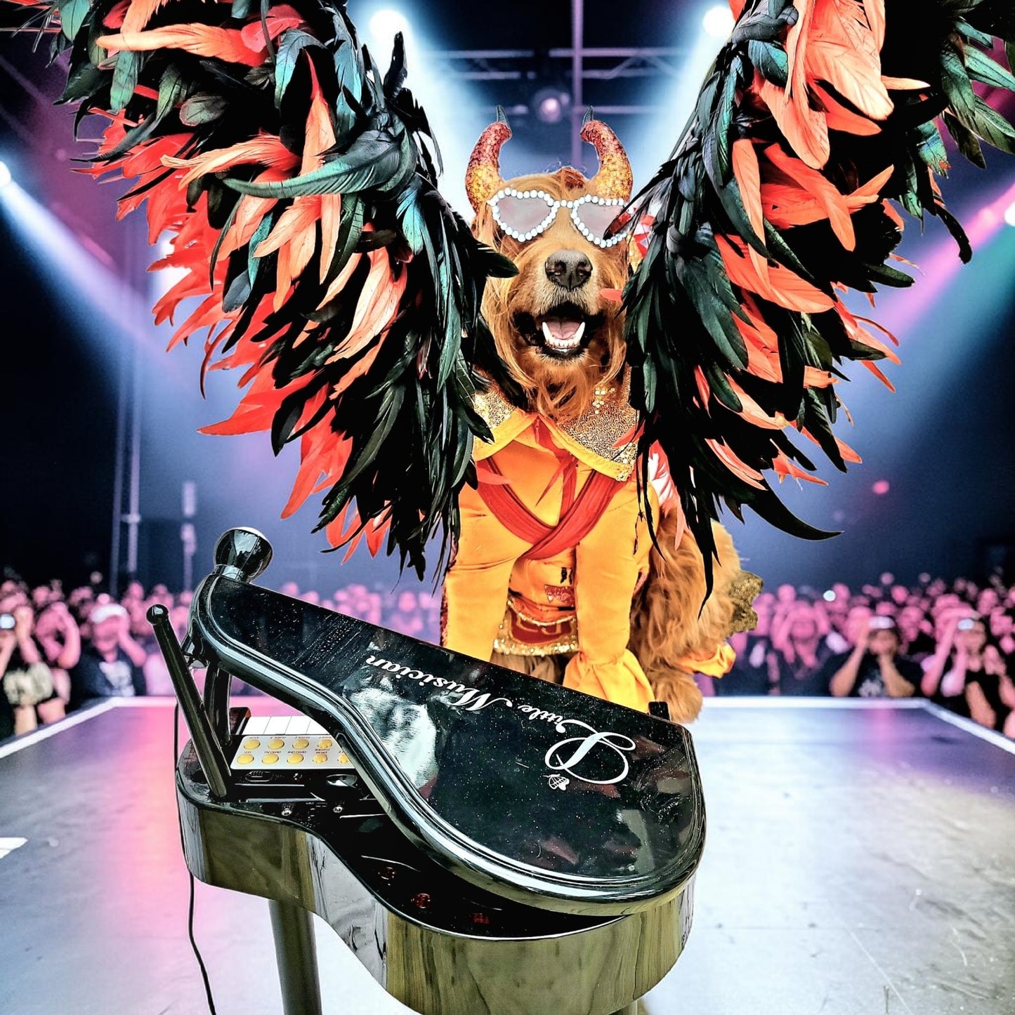 Elton John Rocketman Orange Devil Pet Costume, Elton John Rocketman bejeweled "Devil" pet dog cat costume, Orange Devil pet costume