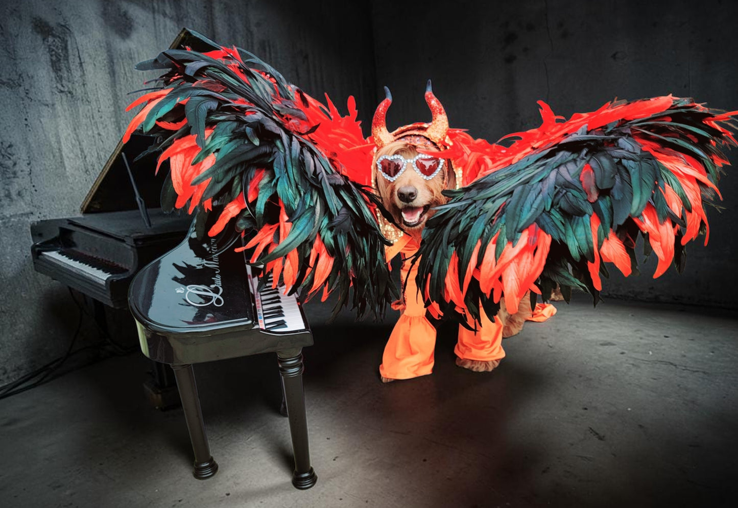Elton John Rocketman Orange Devil Pet Costume, Elton John Rocketman bejeweled "Devil" pet dog cat costume, Orange Devil pet costume