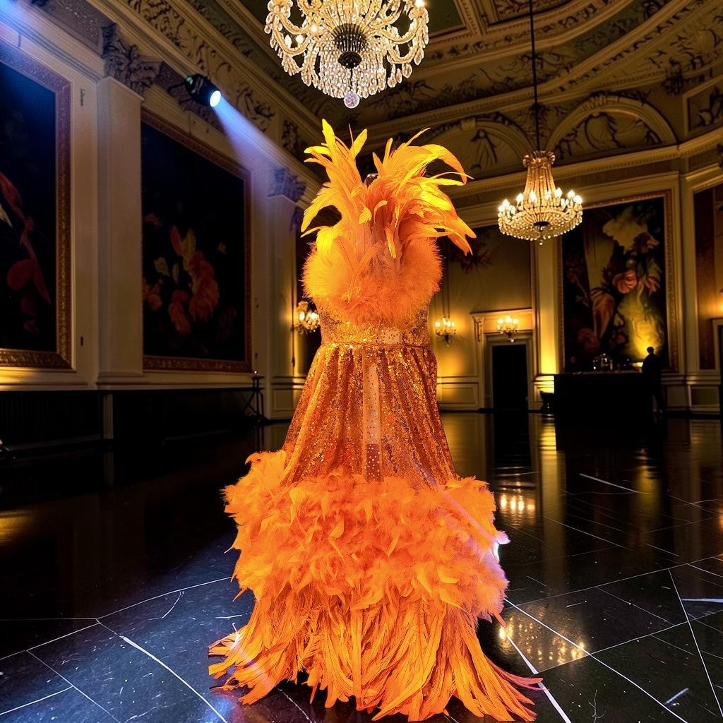 Feather sequin special occasion pet dress, Orange feather pet dress, Kendall Jenner Met gala pet costume
