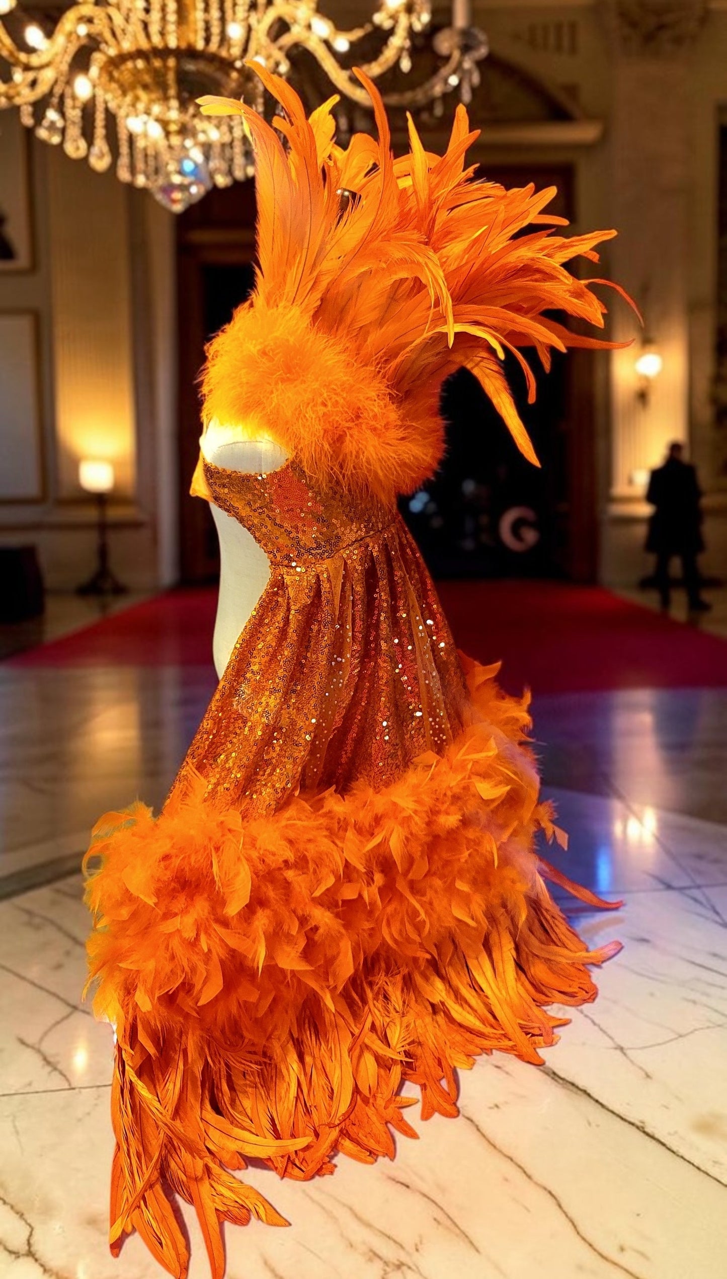 Feather sequin special occasion pet dress, Orange feather pet dress, Kendall Jenner Met gala pet costume