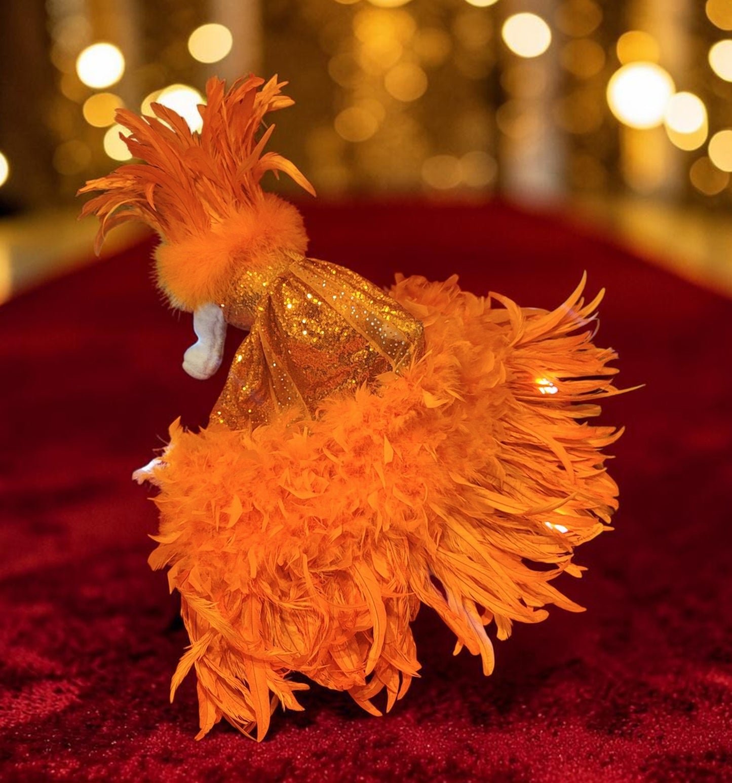 Feather sequin special occasion pet dress, Orange feather pet dress, Kendall Jenner Met gala pet costume