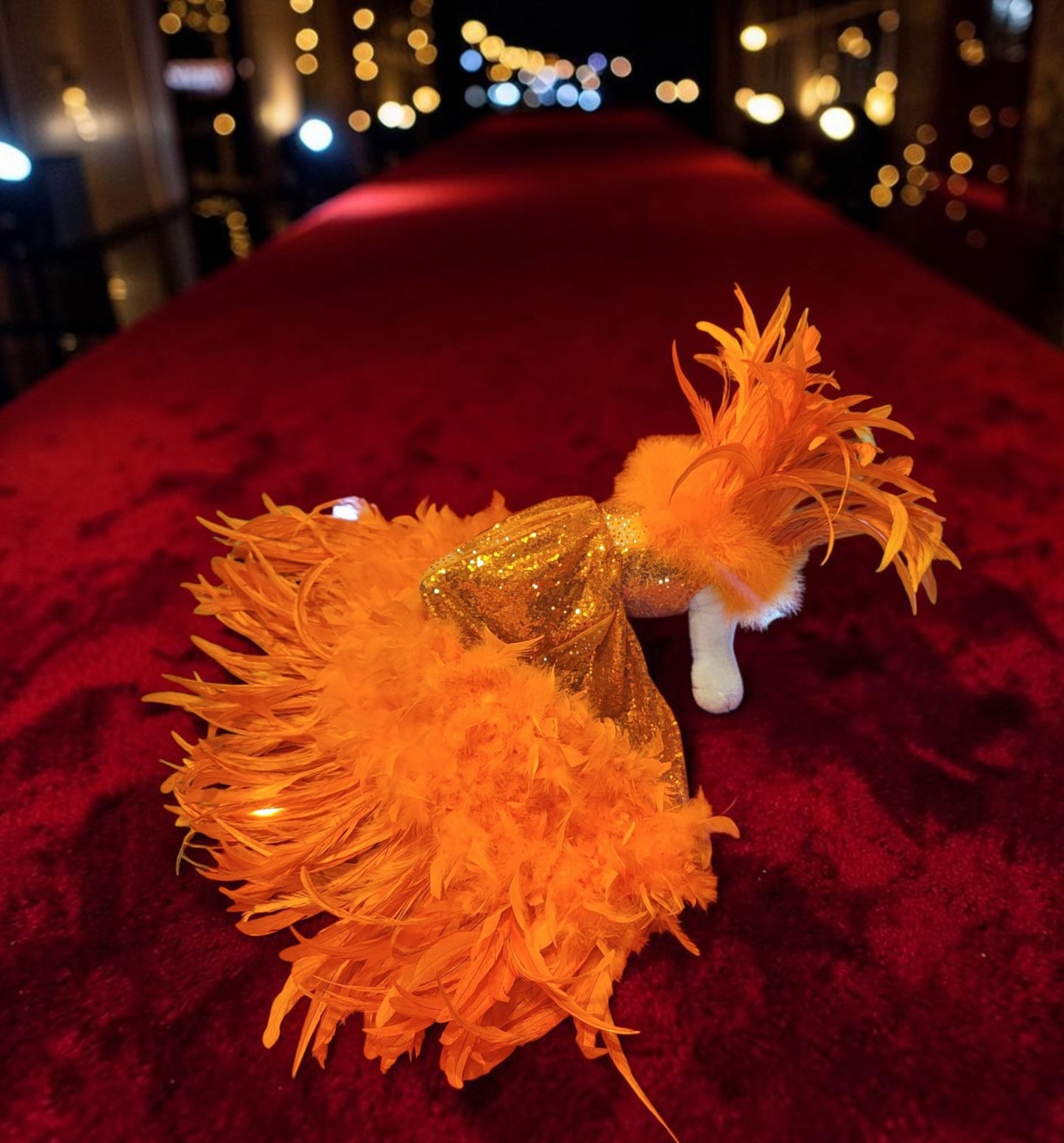 Feather sequin special occasion pet dress, Orange feather pet dress, Kendall Jenner Met gala pet costume