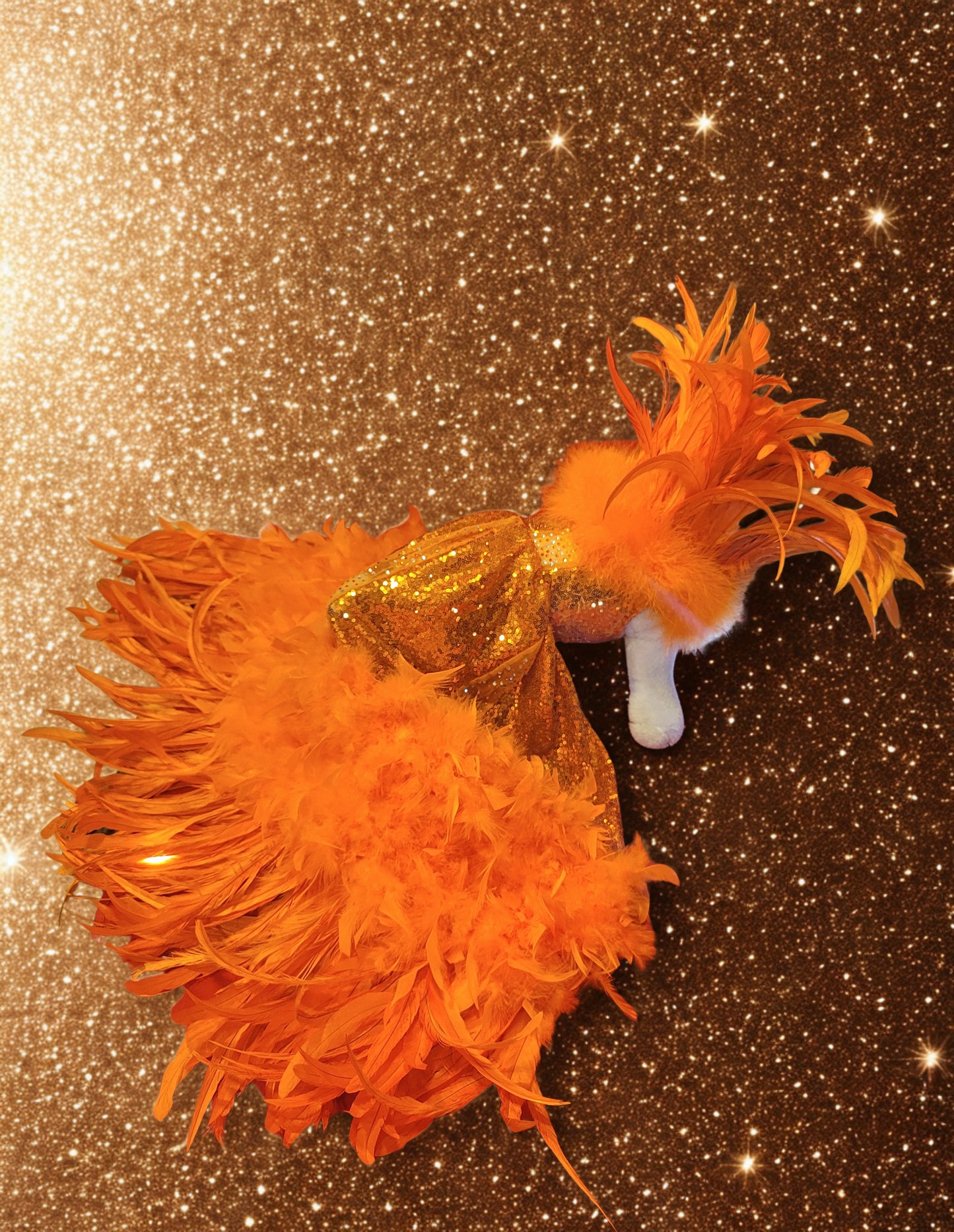 Feather sequin special occasion pet dress, Orange feather pet dress, Kendall Jenner Met gala pet costume