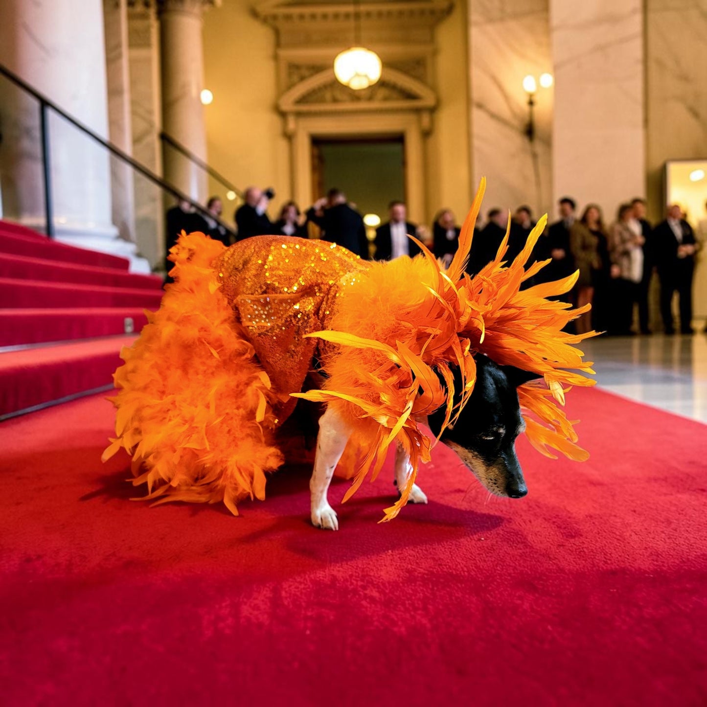Feather sequin special occasion pet dress, Orange feather pet dress, Kendall Jenner Met gala pet costume