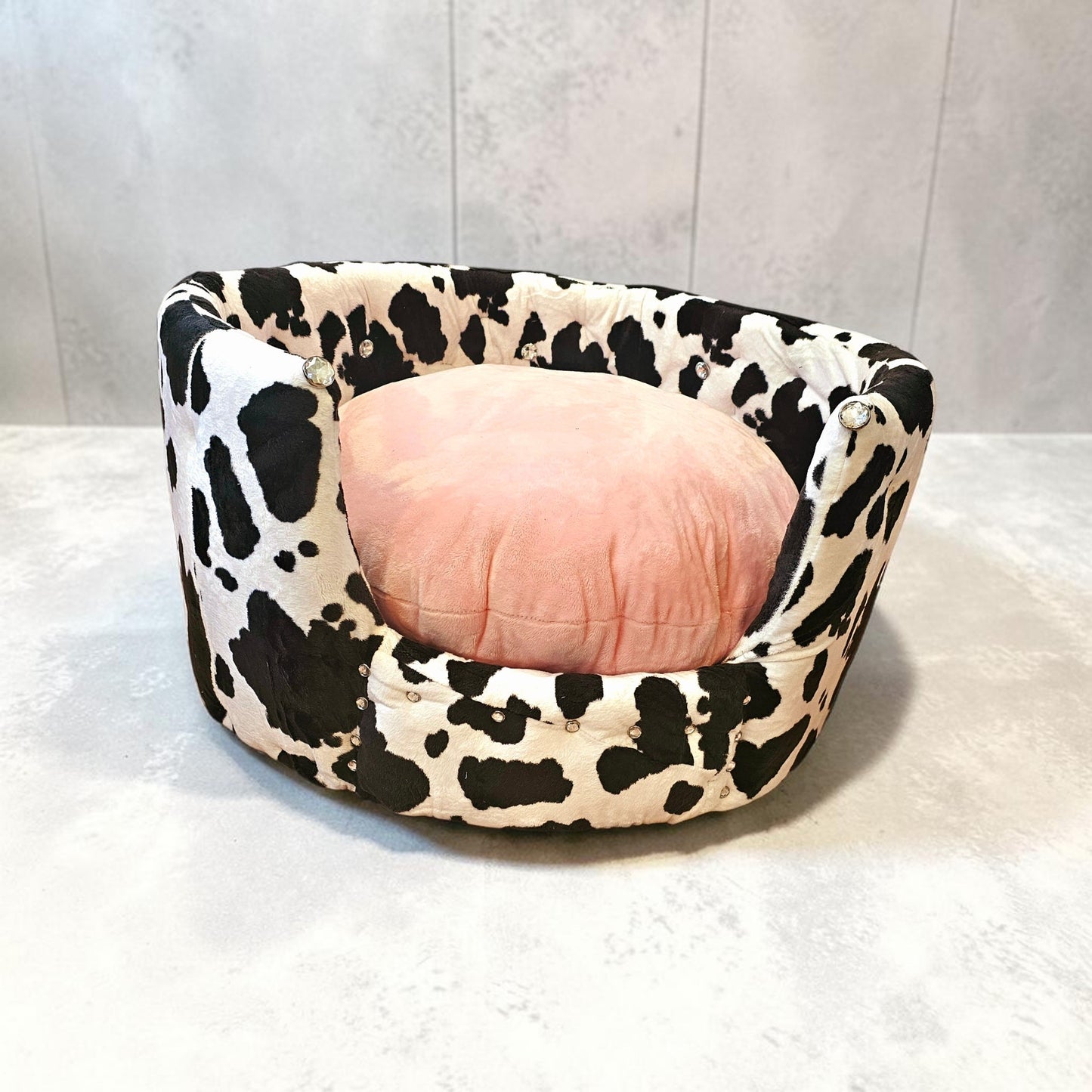 Cow print pet bed, luxury cow pet bed, round cow pet bed