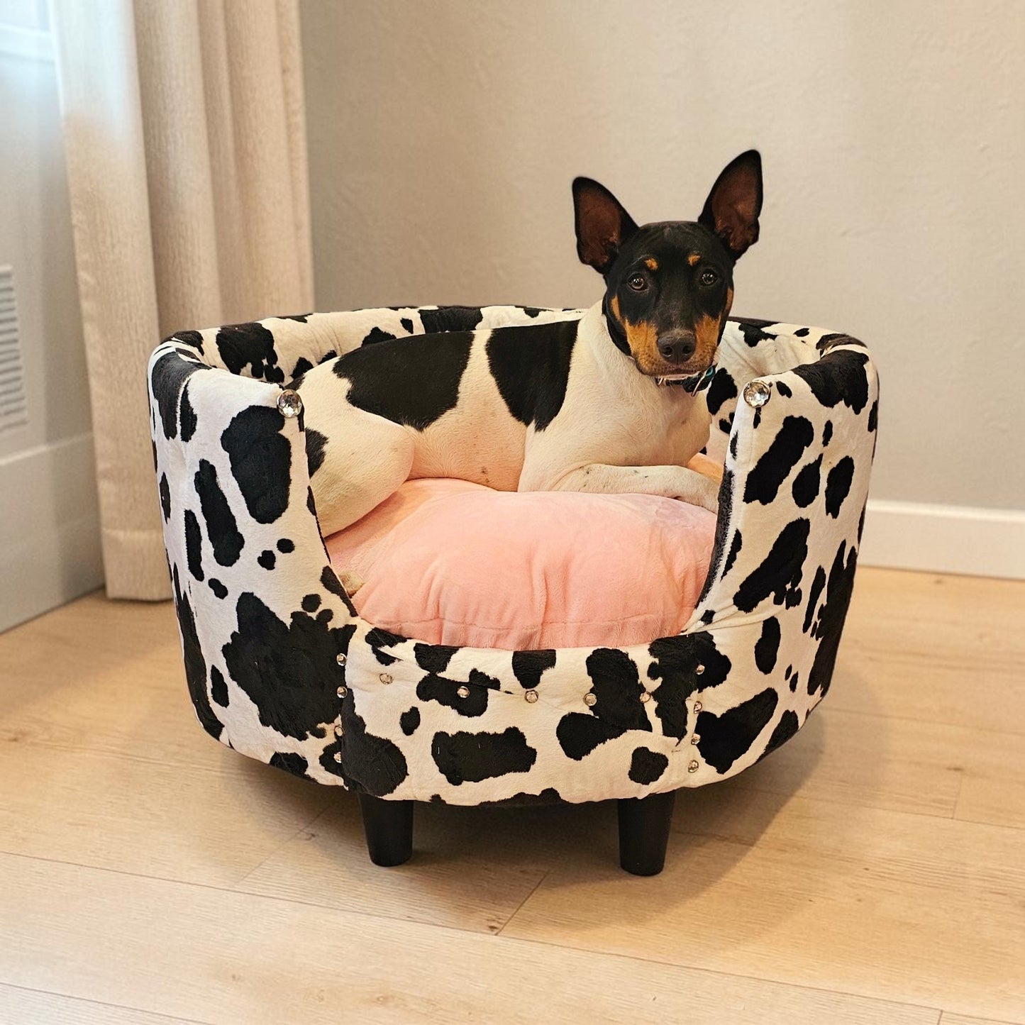 Cow print pet bed, luxury cow pet bed, round cow pet bed