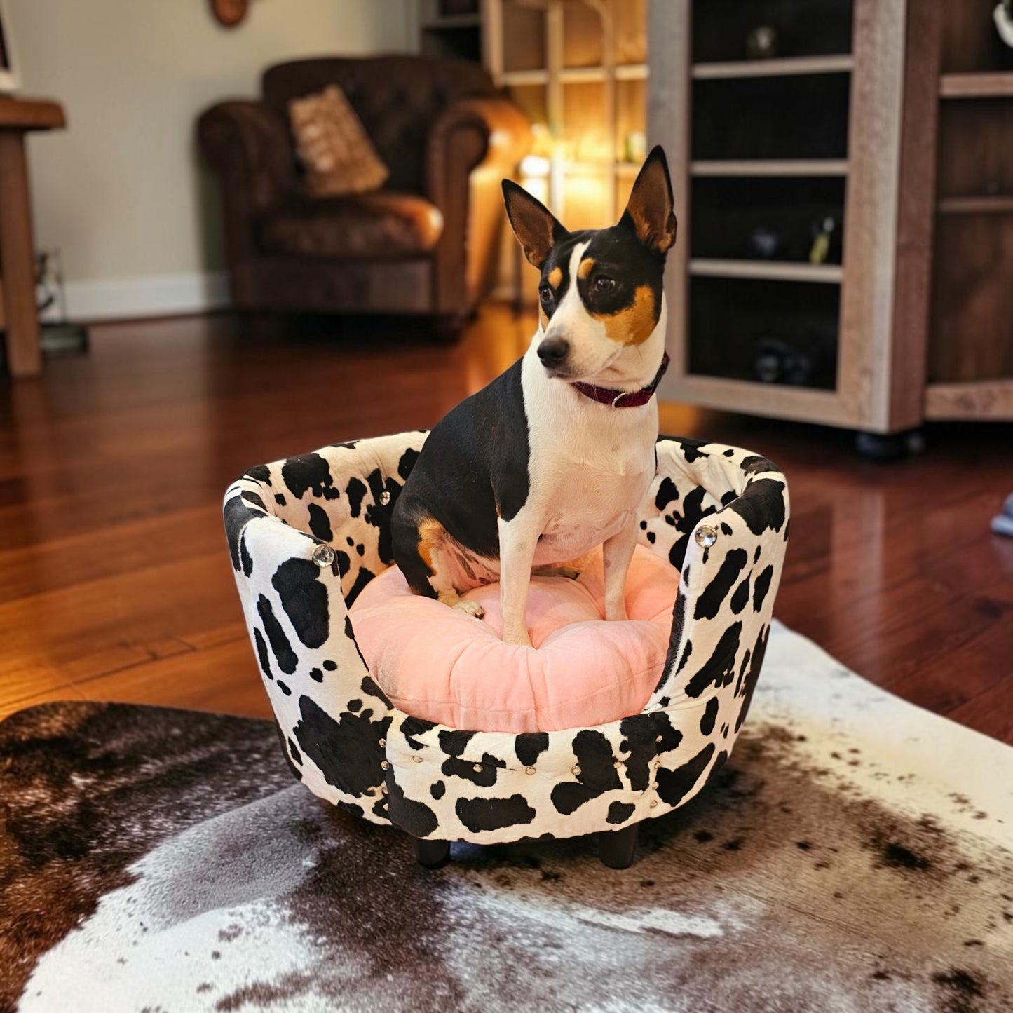 Cow print pet bed, luxury cow pet bed, round cow pet bed
