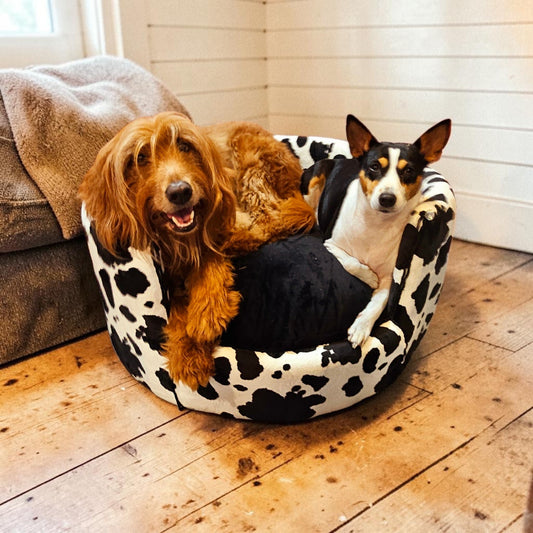 Cow print pet bed, luxury cow pet bed, round cow pet bed