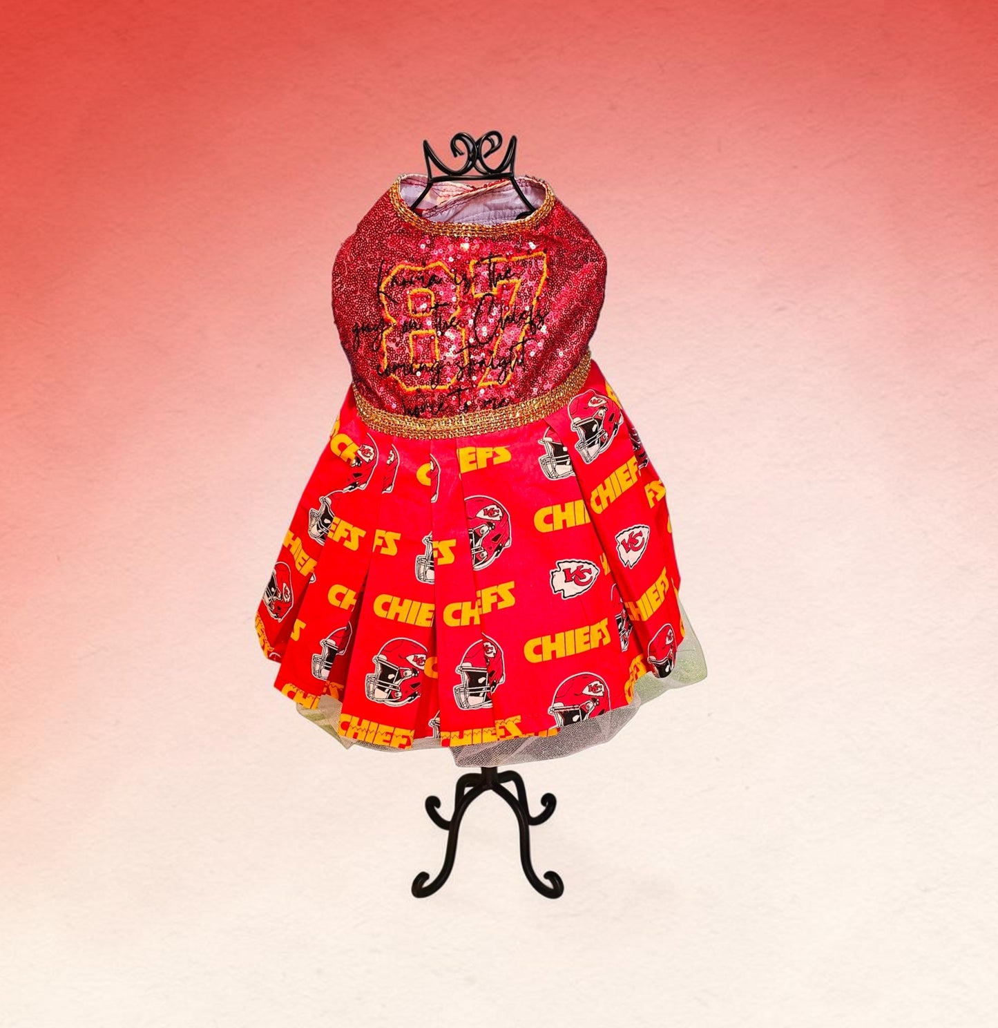 Kansas City Chiefs pet dress, karma is the guy on the chiefs pet dress, chiefs sequin pet dress, chiefs dog dress, 87 kelce pet dress